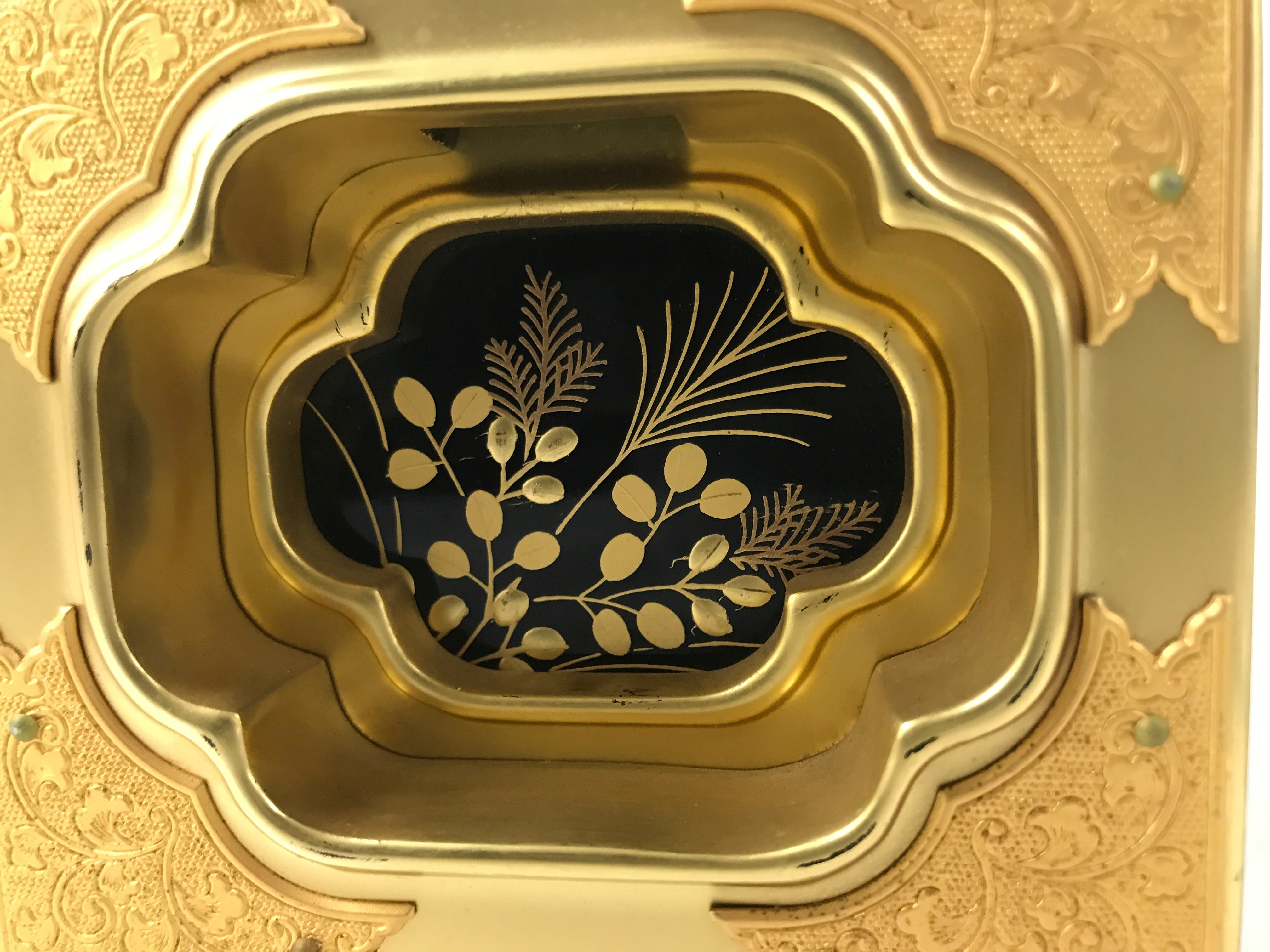 Japanese Buddhist Altar Lacquered Drawer Vtg Black Gold Makie Plants BA575