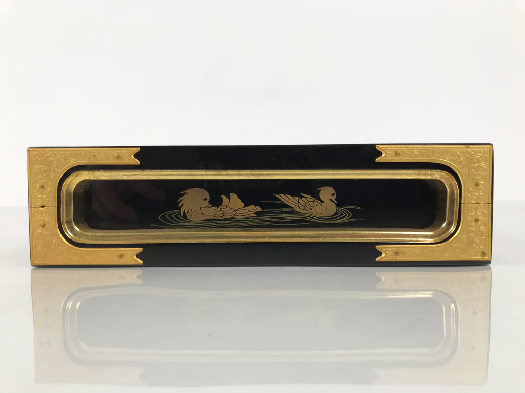 Japanese Buddhist Altar Lacquered Drawer Vtg Brass Black Gold Ducks Makie BP28