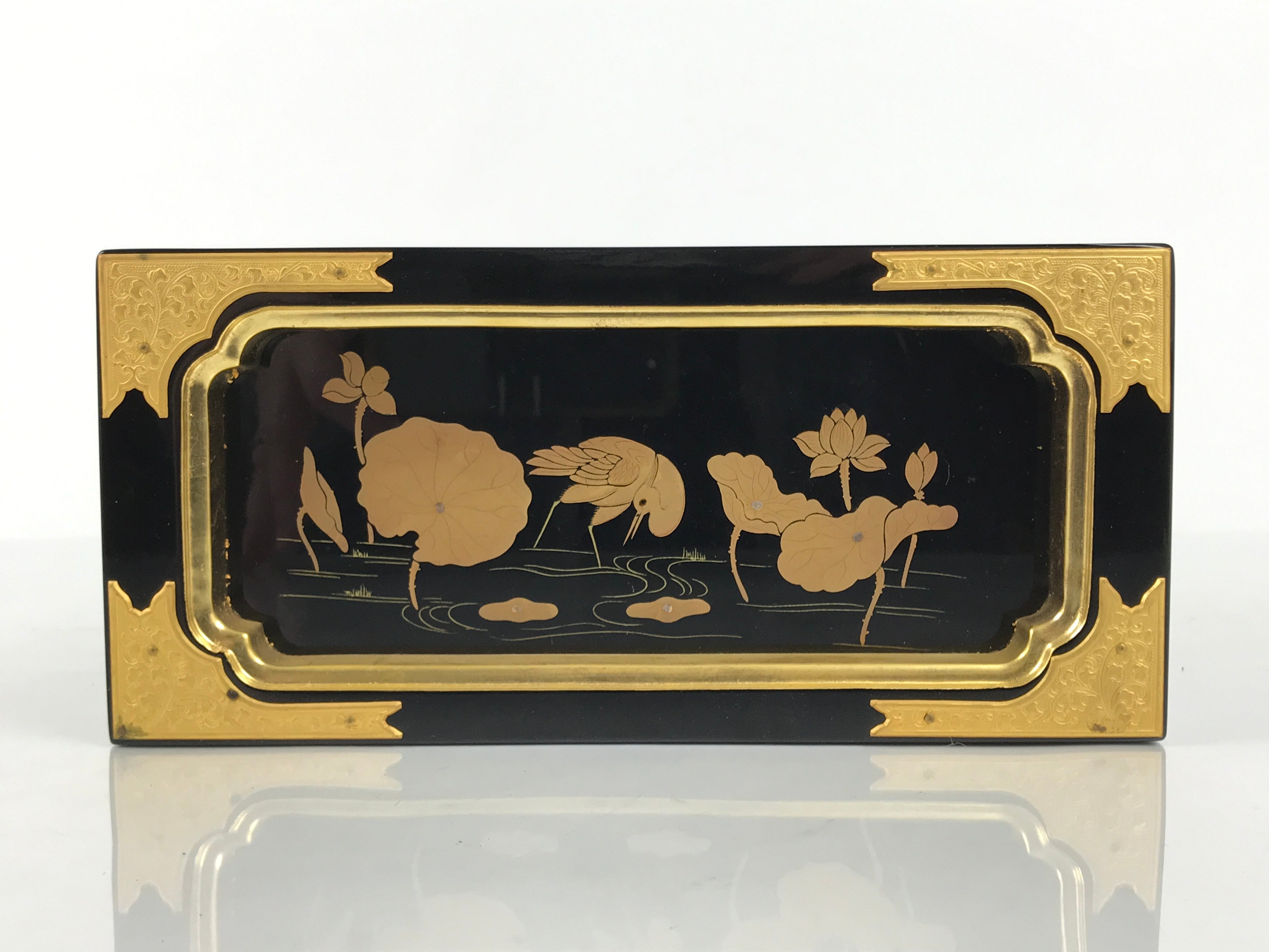 Japanese Buddhist Altar Lacquered Drawer Vtg Brass Black Gold Lotus Makie BP29