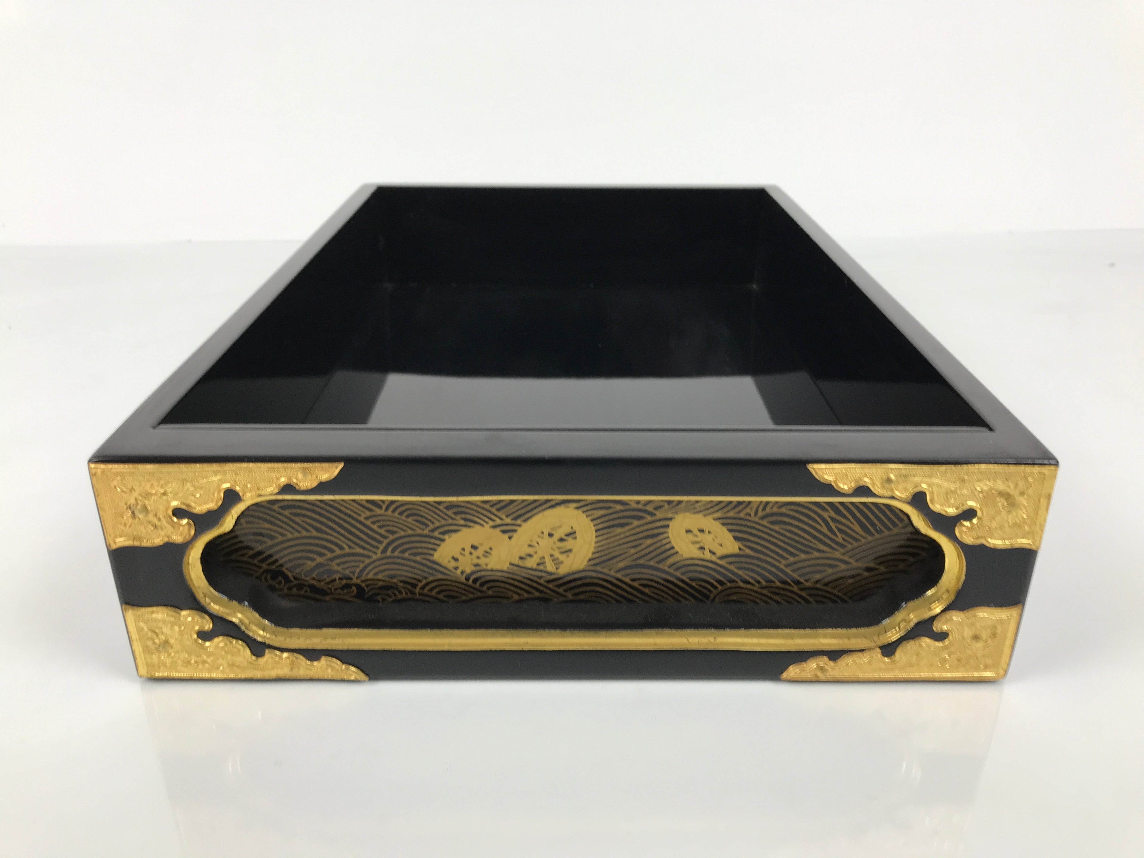 Japanese Buddhist Altar Lacquered Drawer Vtg Brass Black Gold Wheel Makie BP26