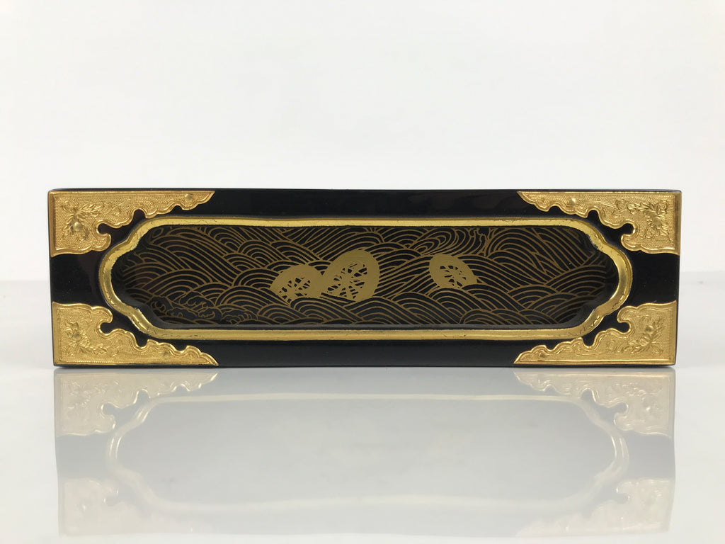 Japanese Buddhist Altar Lacquered Drawer Vtg Brass Black Gold Wheel Makie BP26