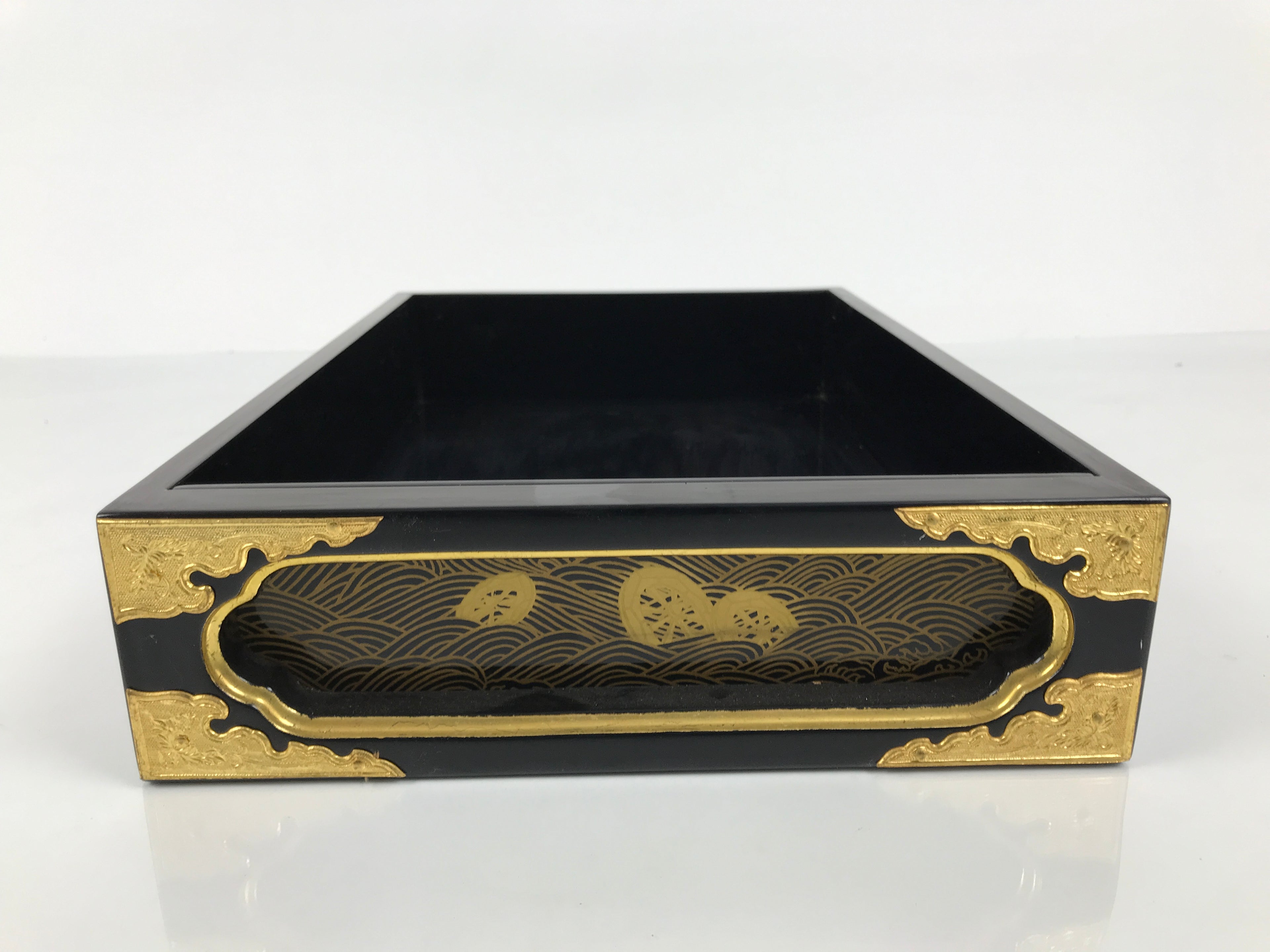 Japanese Buddhist Altar Lacquered Drawer Vtg Brass Black Gold Wheel Makie BP27