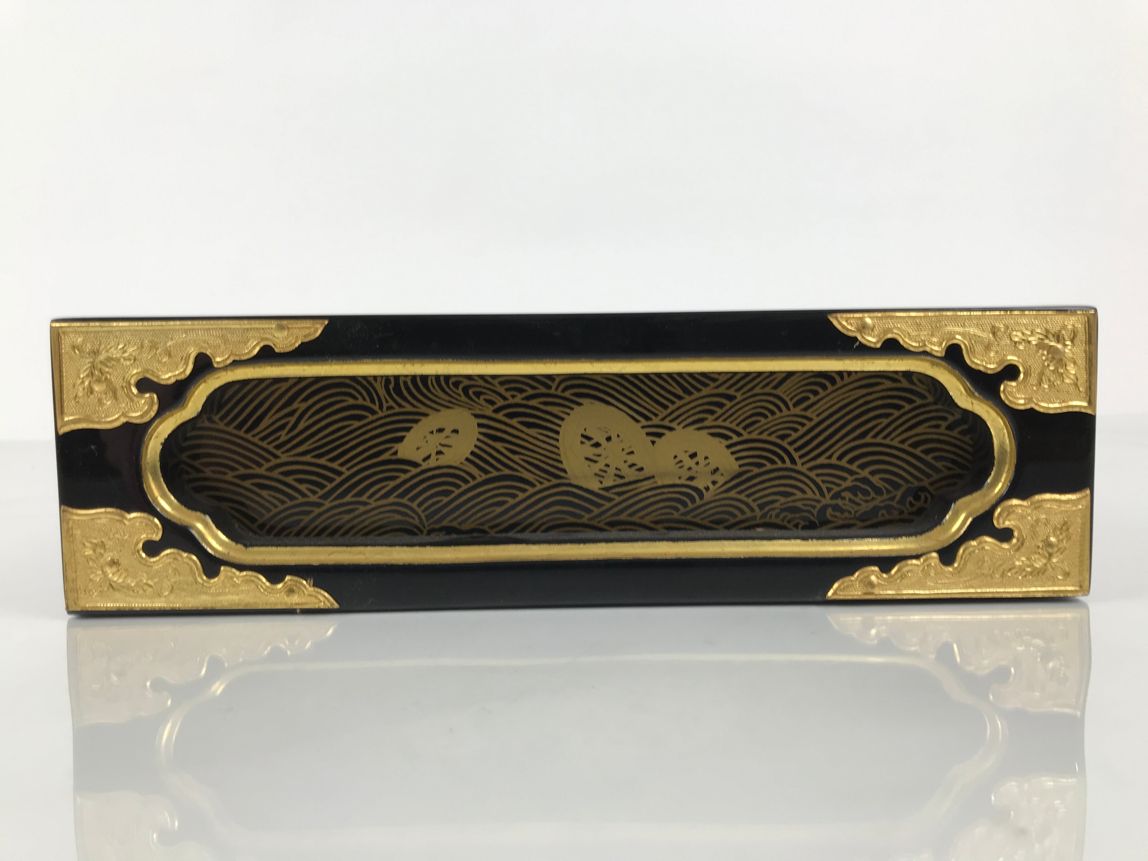 Japanese Buddhist Altar Lacquered Drawer Vtg Brass Black Gold Wheel Makie BP27
