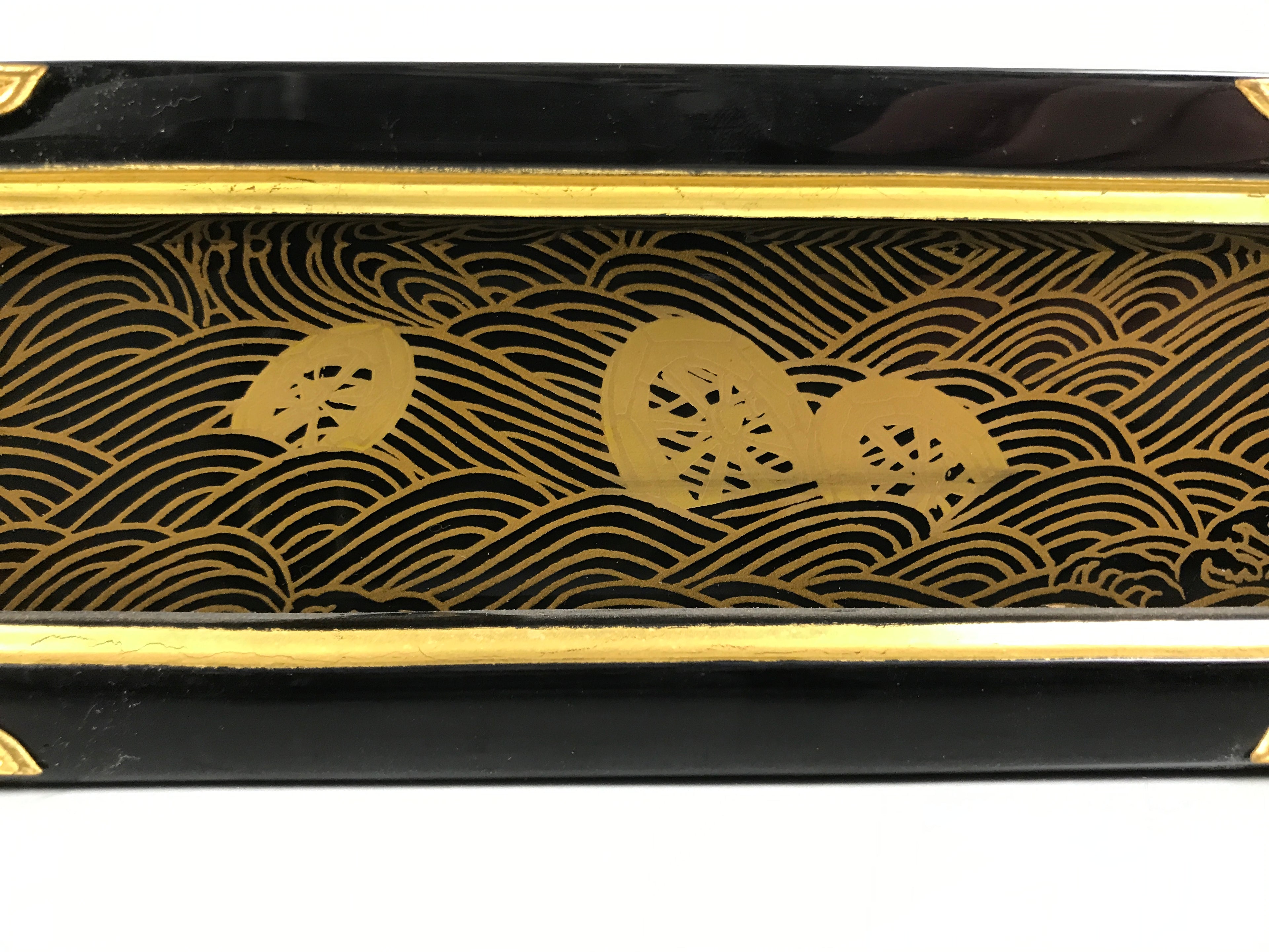Japanese Buddhist Altar Lacquered Drawer Vtg Brass Black Gold Wheel Makie BP27