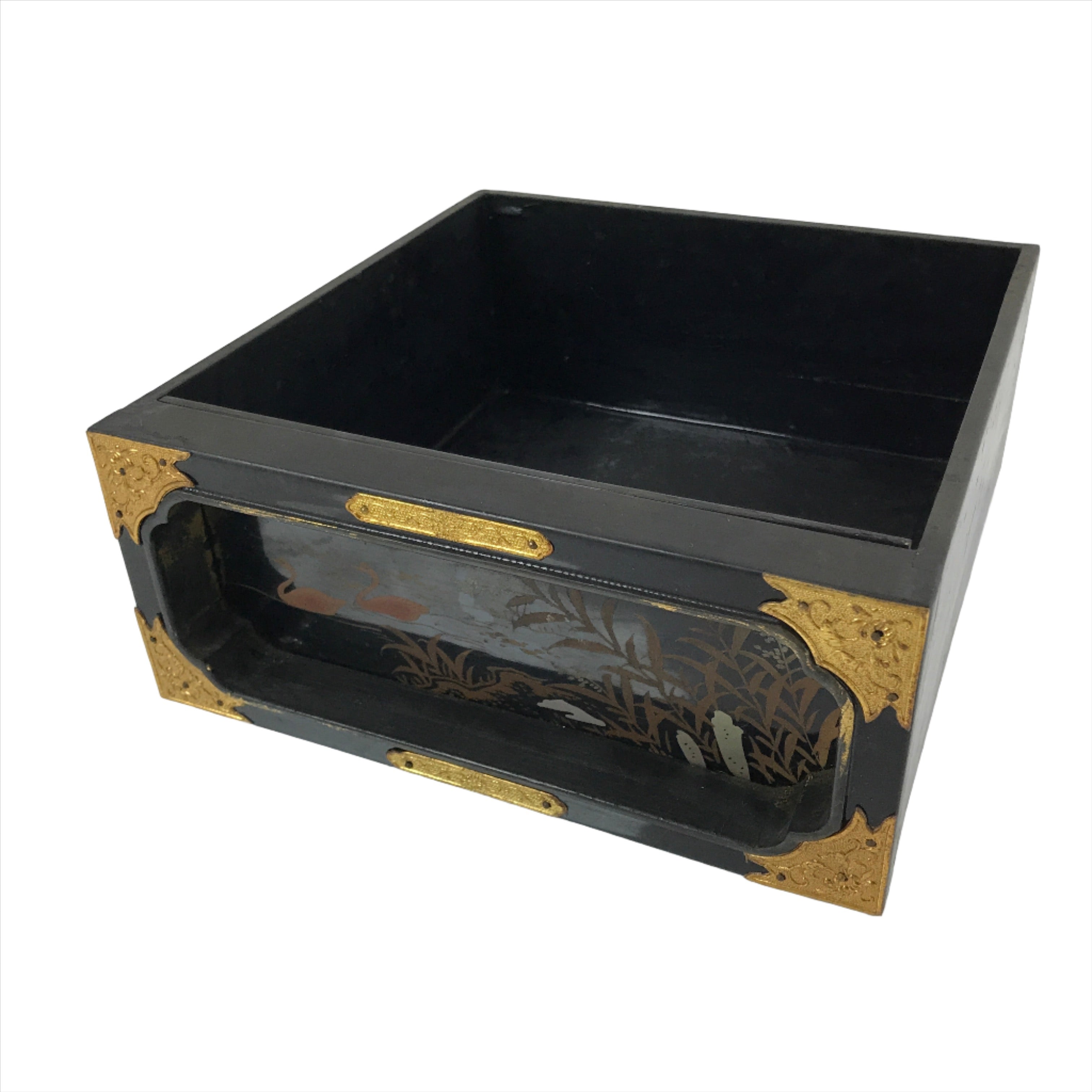 Japanese Buddhist Altar Lacquered Drawer Vtg Brass Gilt Pond Swan Gold BA281