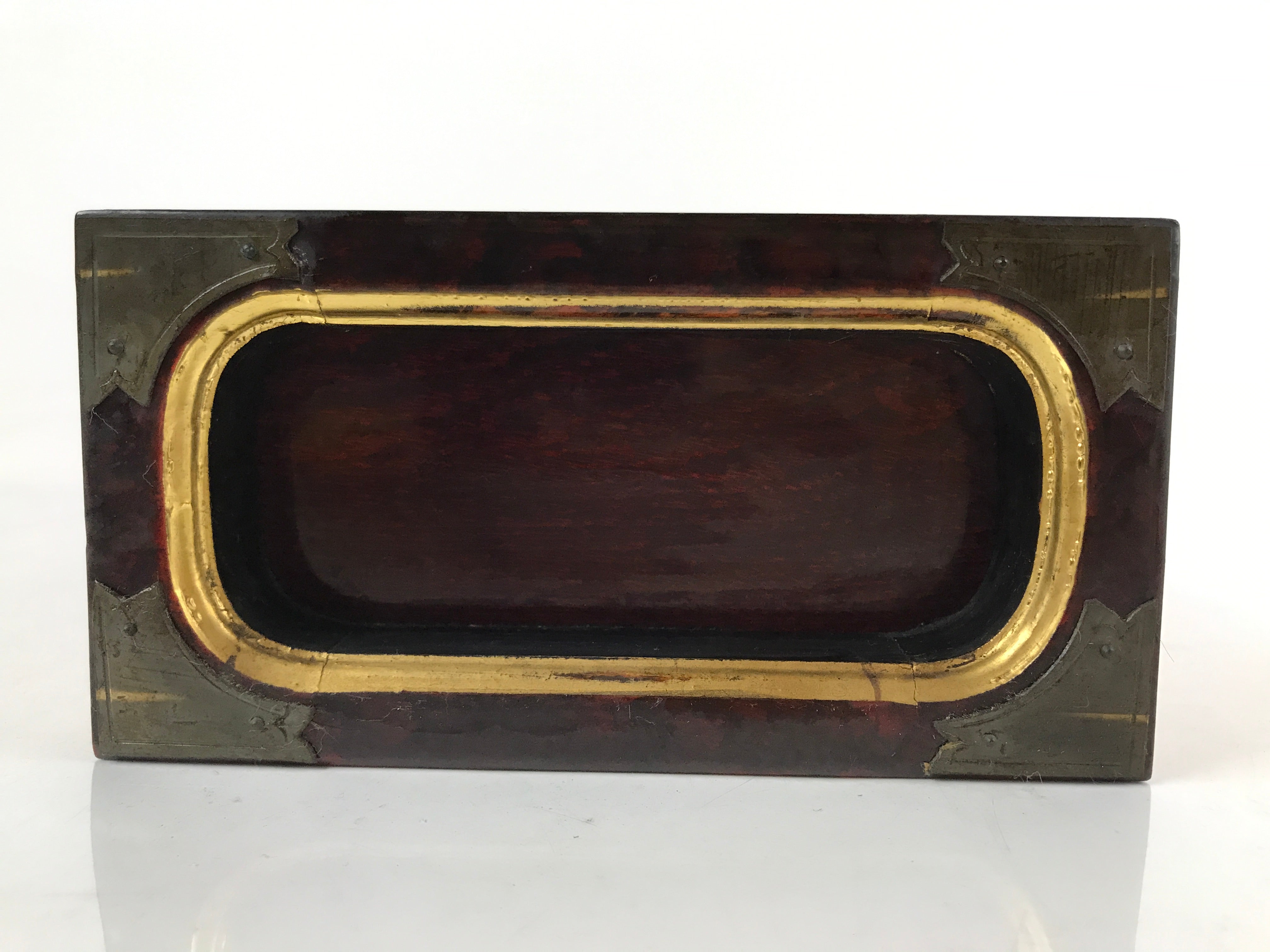 Japanese Buddhist Altar Lacquered Drawer Vtg Gilt Gold Bronze Plates Brown BA282