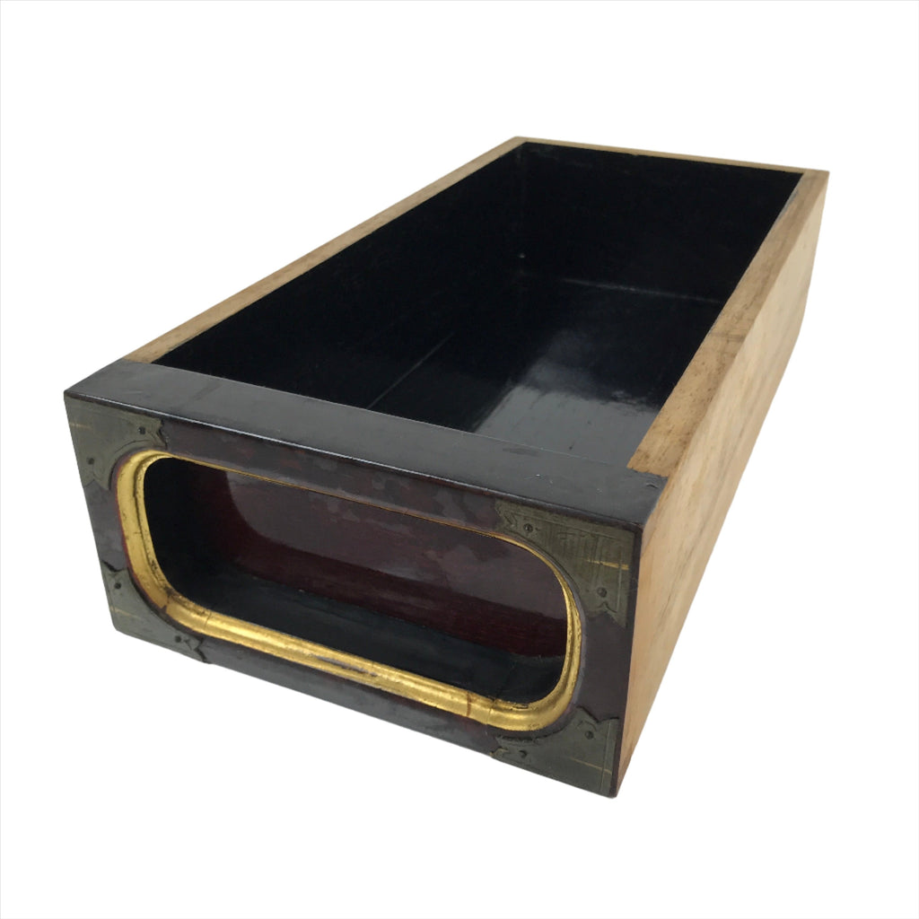 Japanese Buddhist Altar Lacquered Drawer Vtg Gilt Gold Bronze Plates Brown BA282