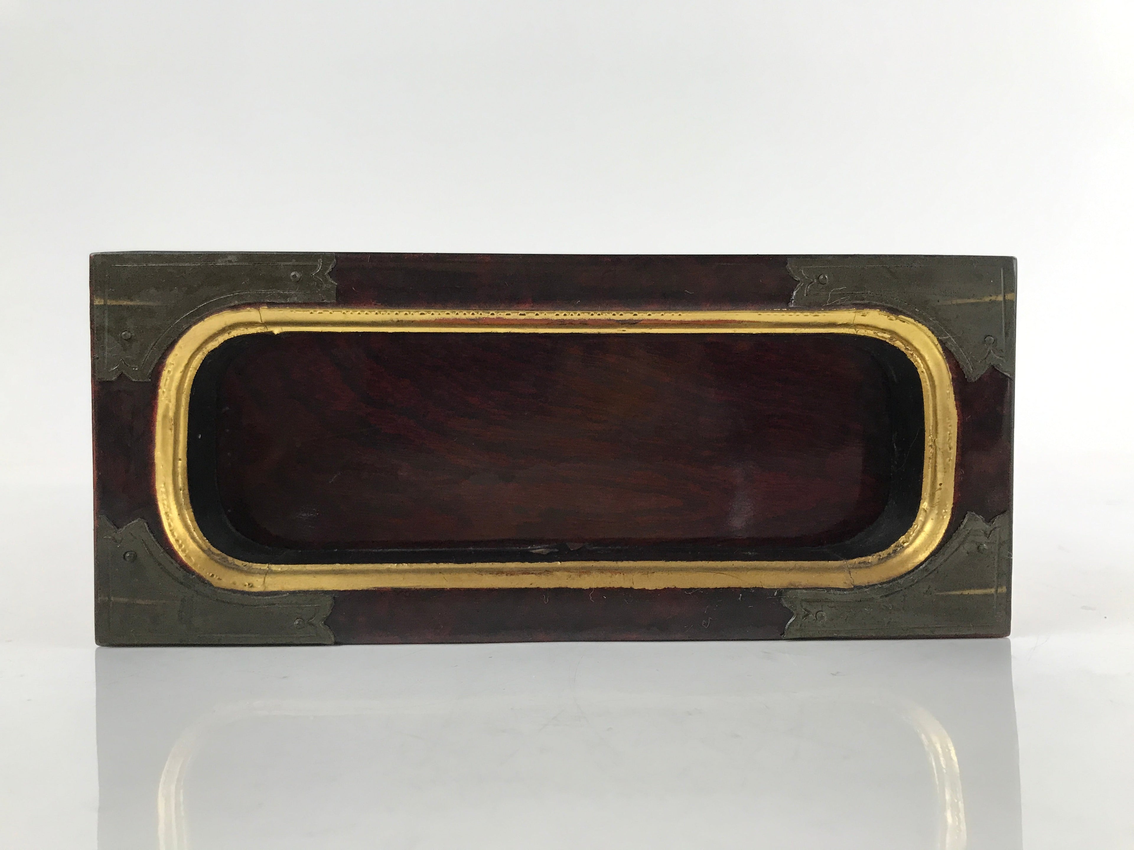 Japanese Buddhist Altar Lacquered Drawer Vtg Gilt Gold Bronze Plates Brown BA284