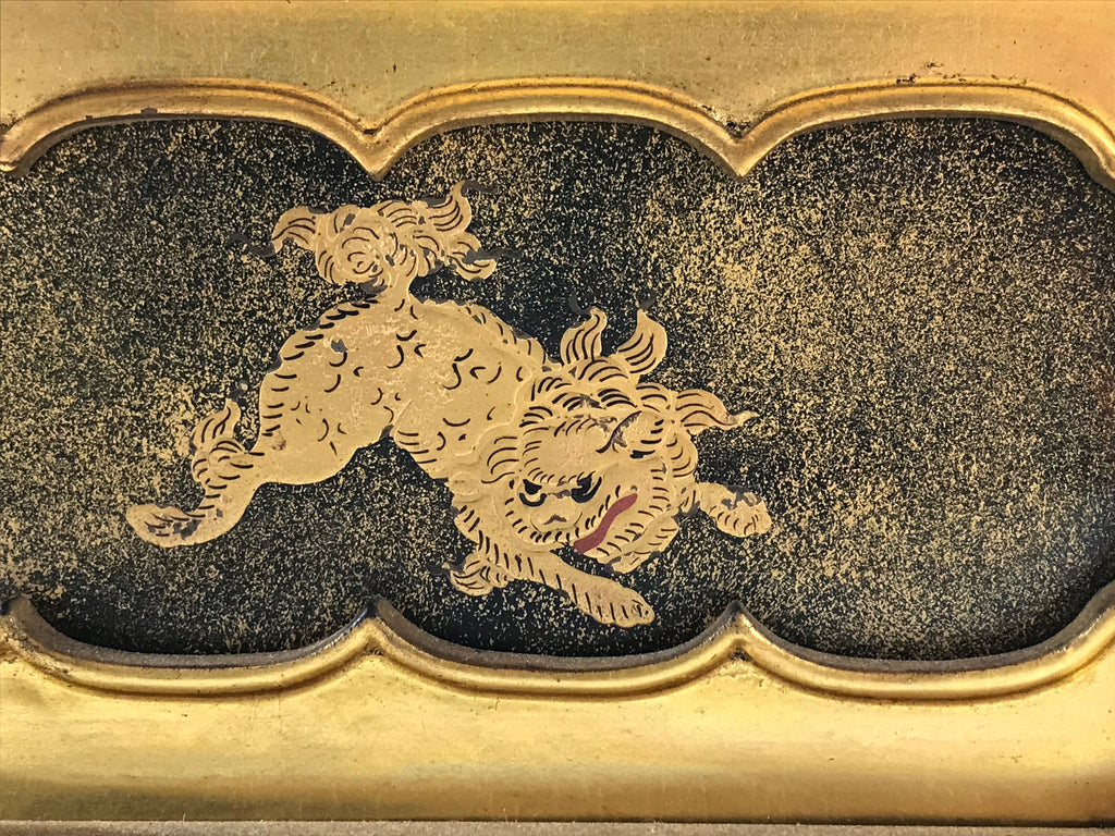 Japanese Buddhist Altar Lacquered Drawer Vtg Gilt Makie Shishi Lion Gold BA130