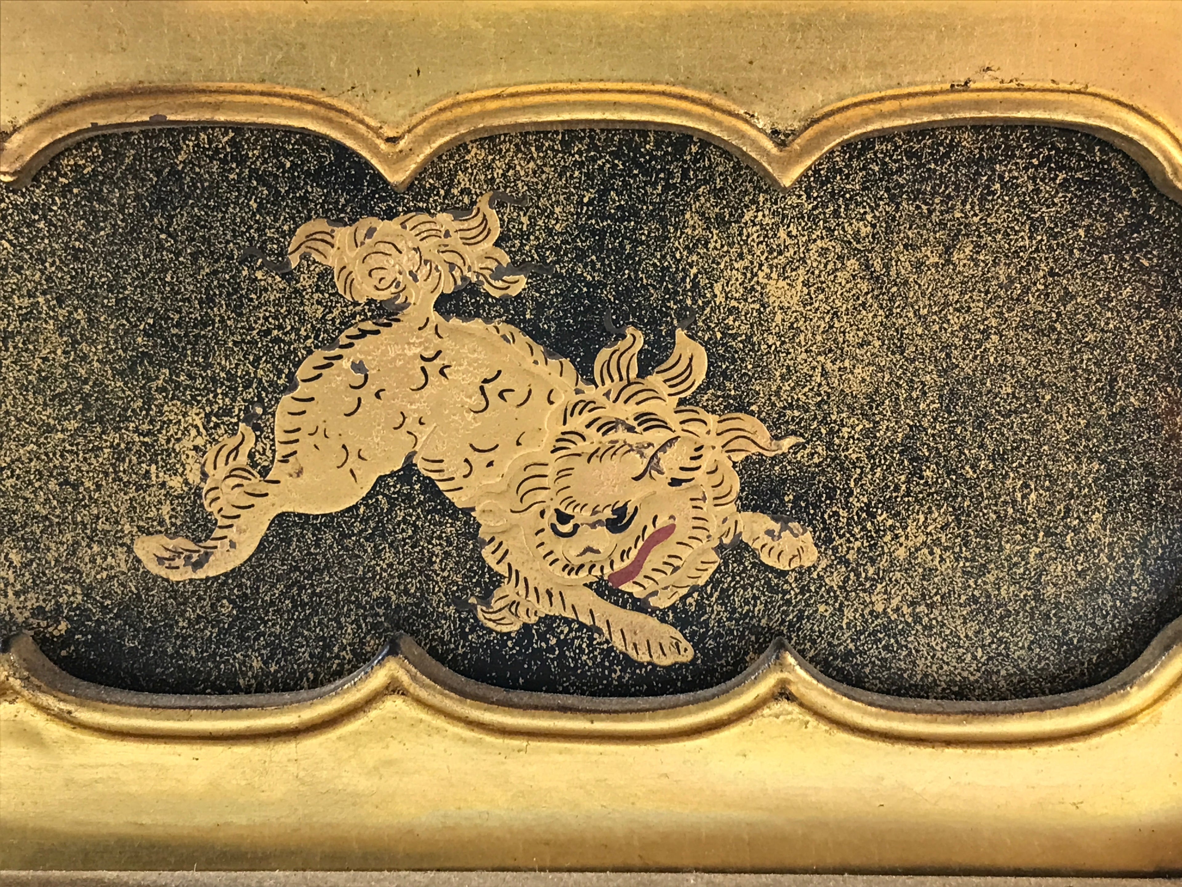 Japanese Buddhist Altar Lacquered Drawer Vtg Gilt Makie Shishi Lion Gold BA130