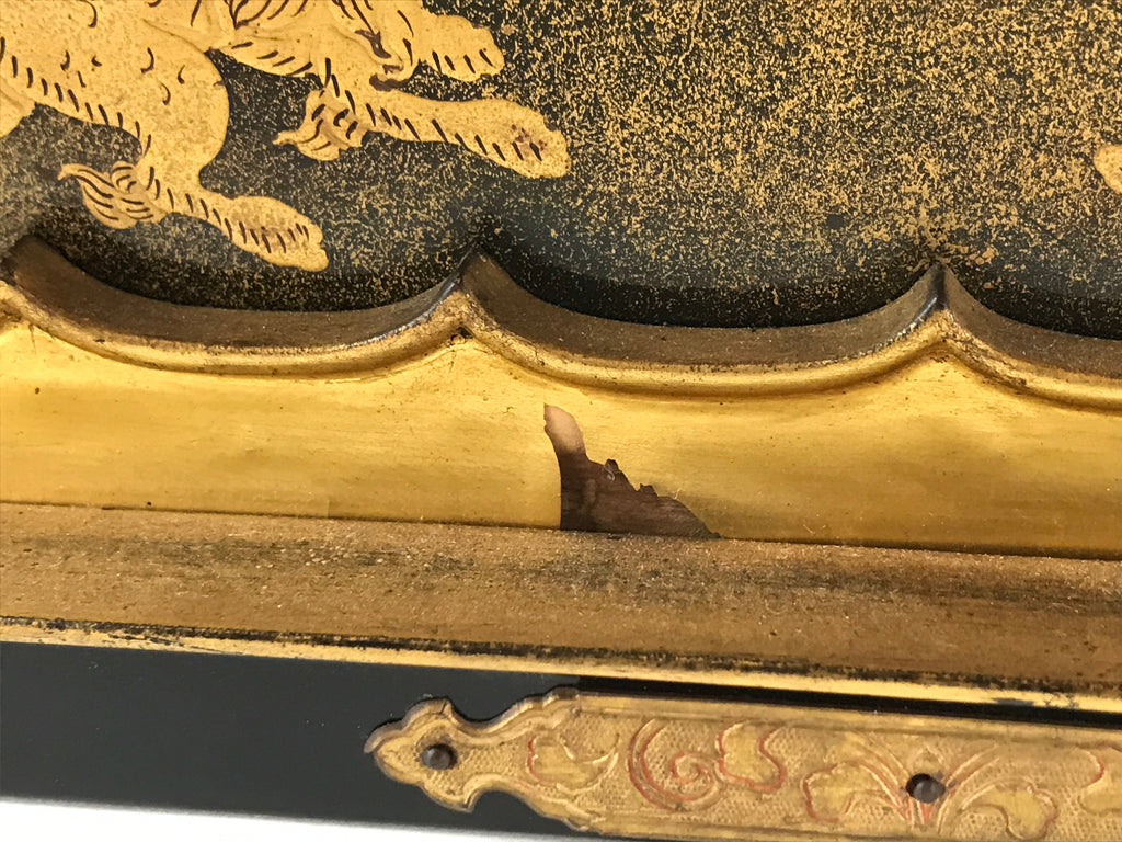 Japanese Buddhist Altar Lacquered Drawer Vtg Gilt Makie Shishi Lion Gold BA130