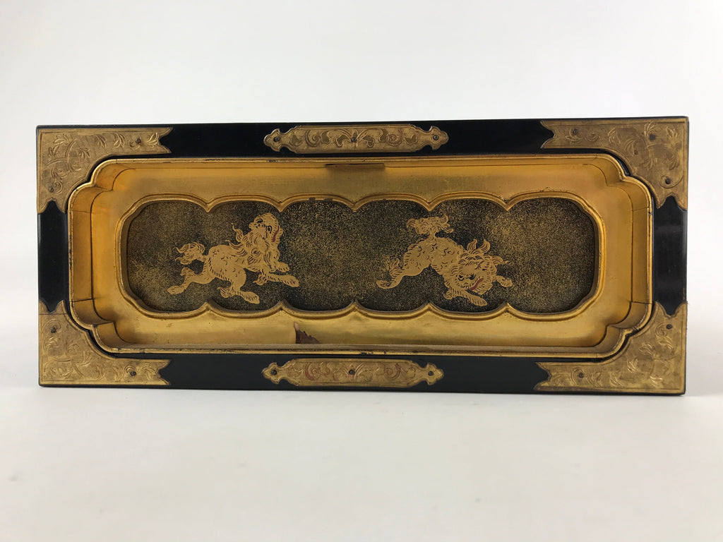 Japanese Buddhist Altar Lacquered Drawer Vtg Gilt Makie Shishi Lion Gold BA130