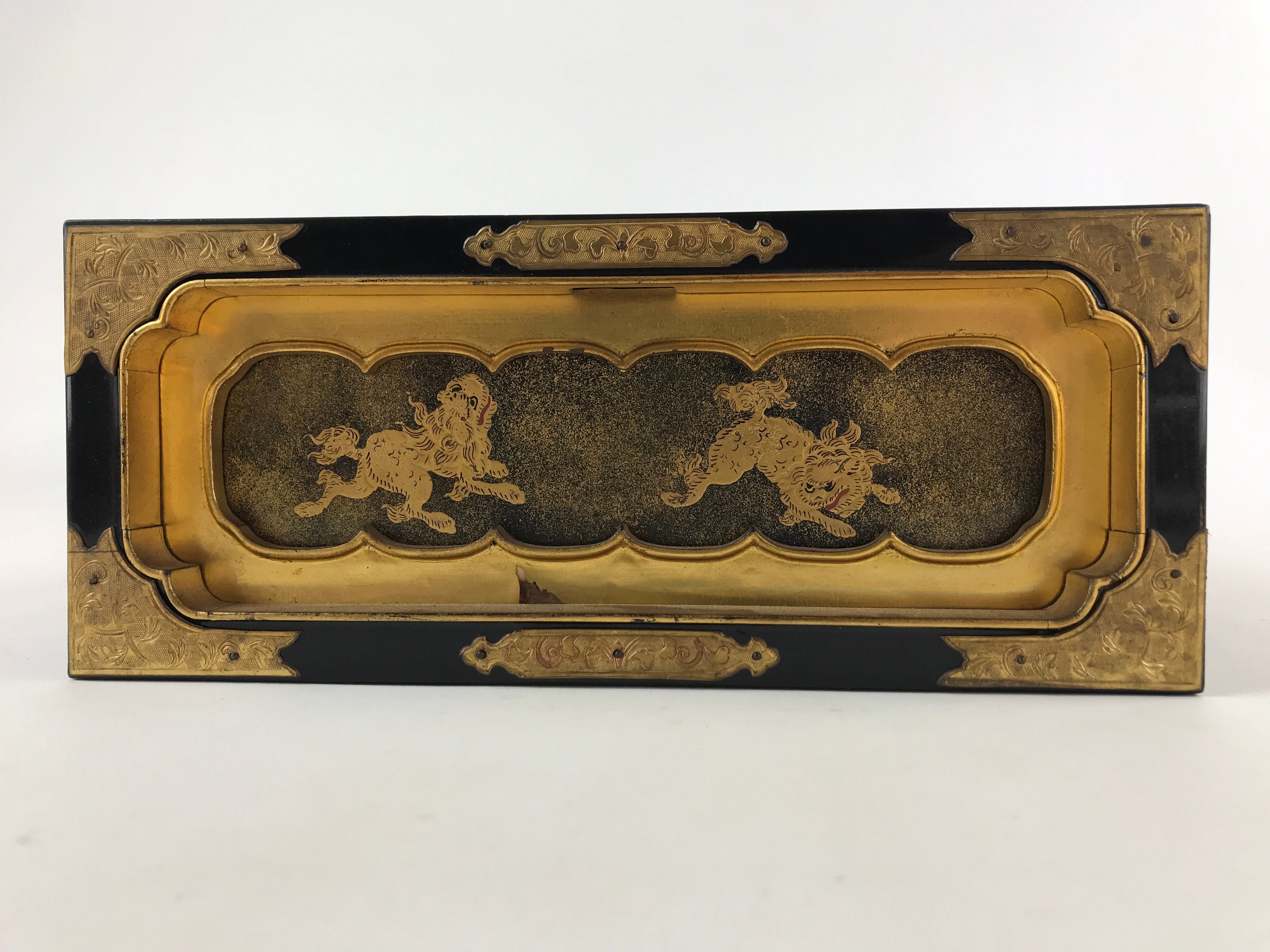 Japanese Buddhist Altar Lacquered Drawer Vtg Gilt Makie Shishi Lion Gold BA130