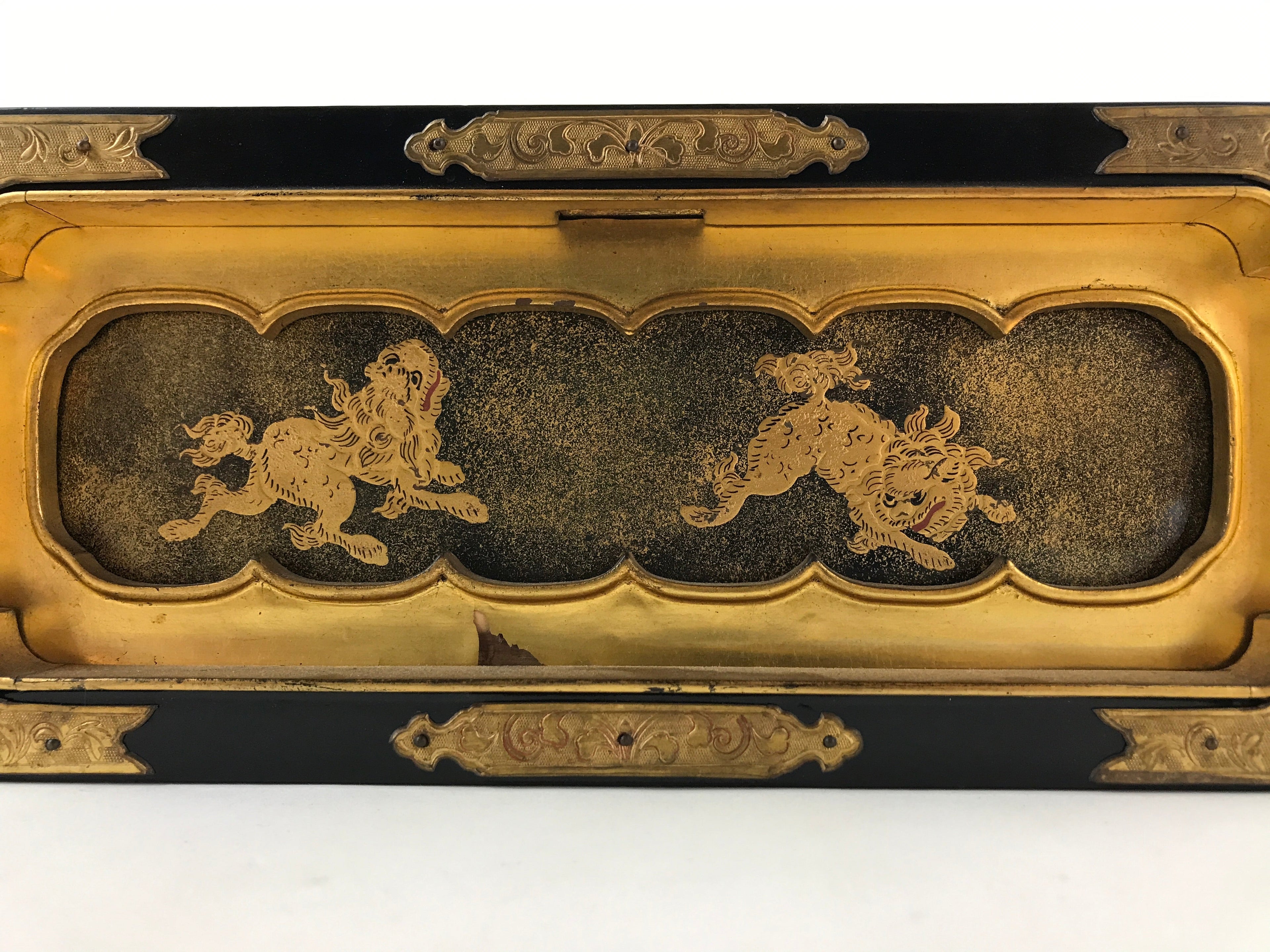 Japanese Buddhist Altar Lacquered Drawer Vtg Gilt Makie Shishi Lion Gold BA130