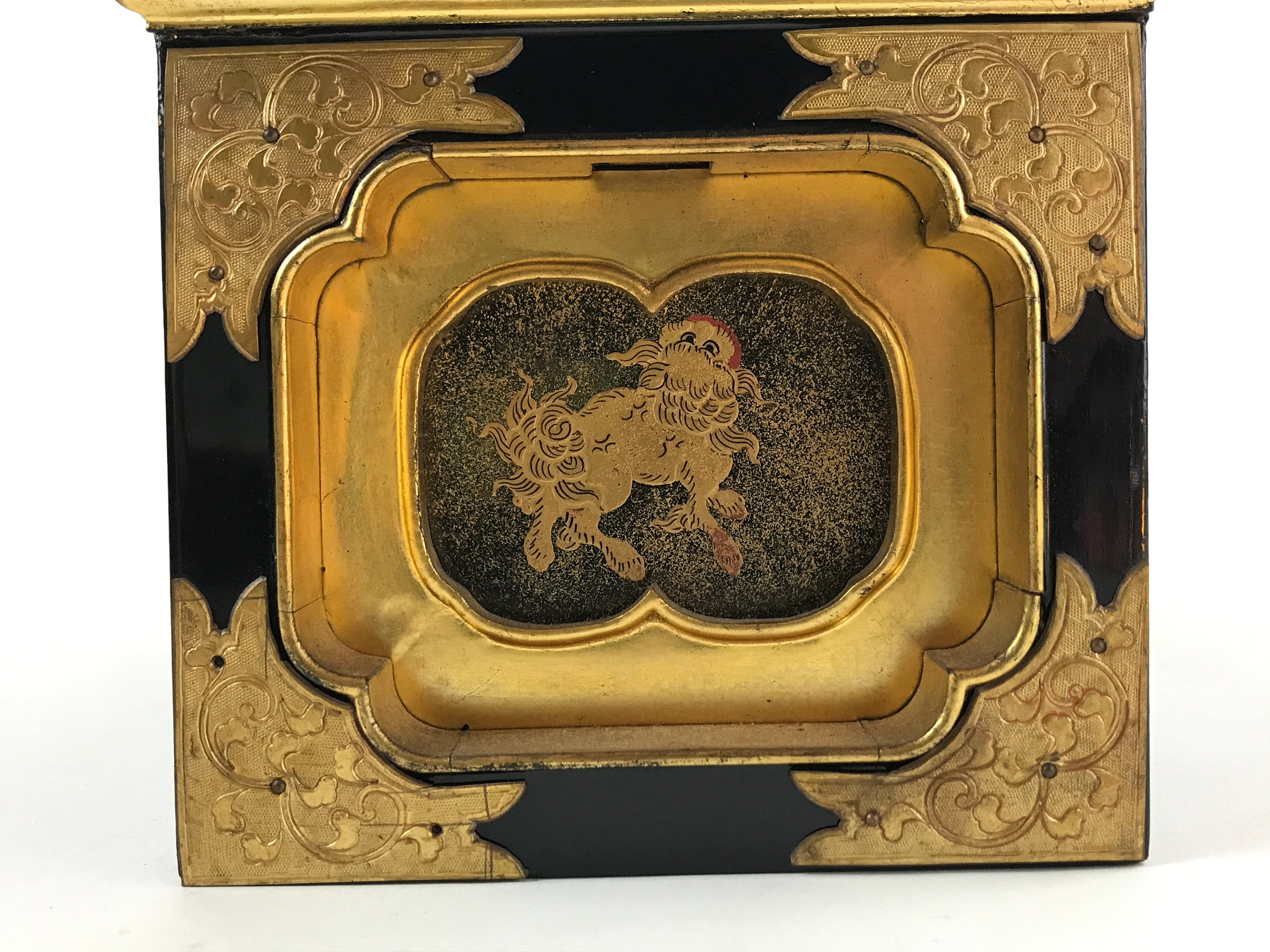 Japanese Buddhist Altar Lacquered Drawer Vtg Gilt Makie Shishi Lion Gold BA131