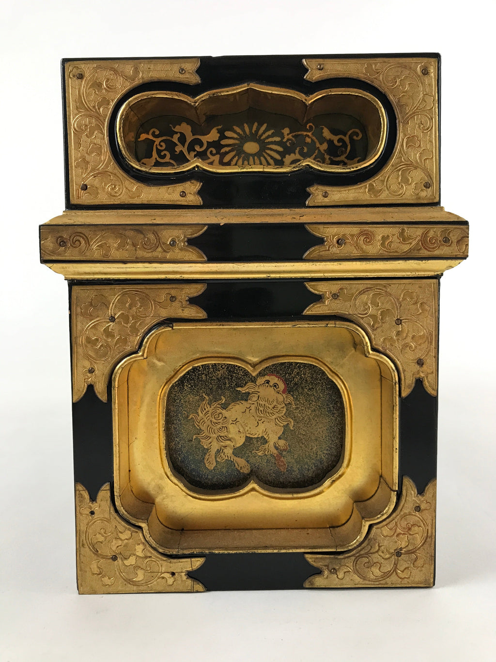 Japanese Buddhist Altar Lacquered Drawer Vtg Gilt Makie Shishi Lion Gold BA131