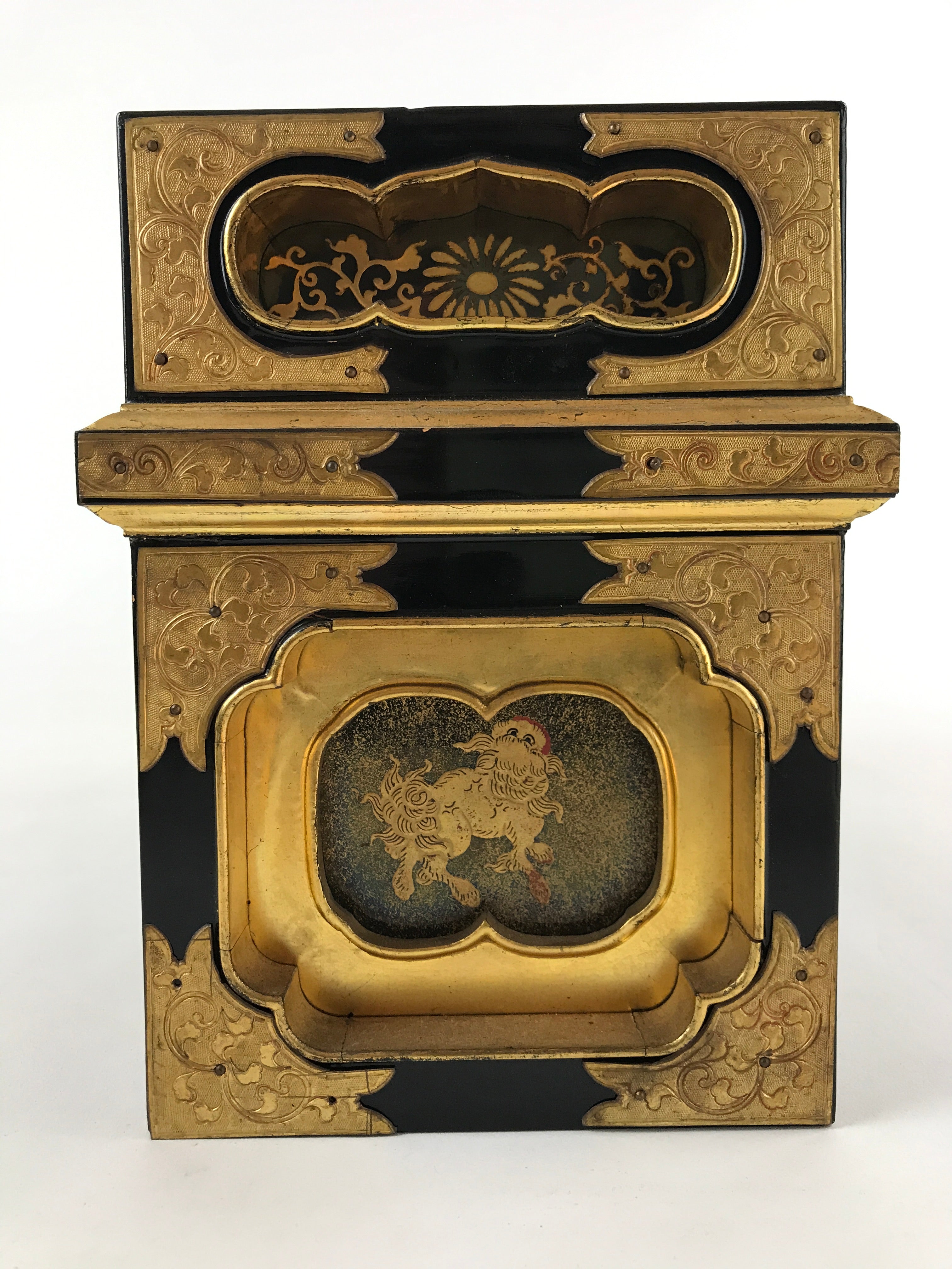 Japanese Buddhist Altar Lacquered Drawer Vtg Gilt Makie Shishi Lion Gold BA131