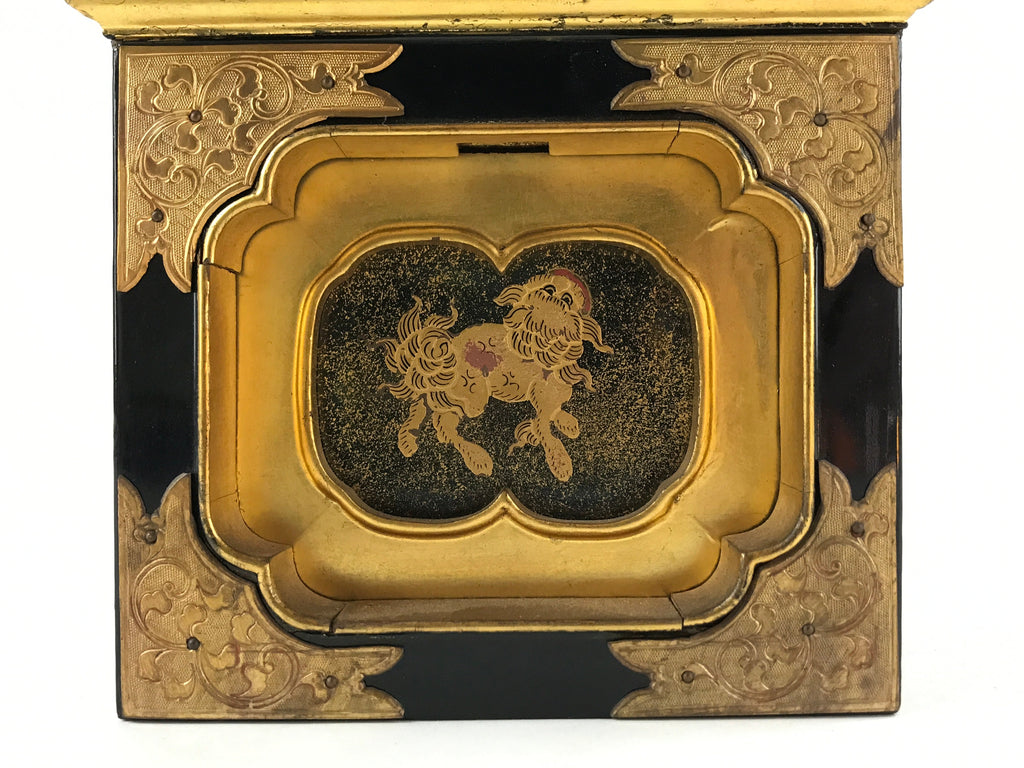 Japanese Buddhist Altar Lacquered Drawer Vtg Gilt Makie Shishi Lion Gold BA132
