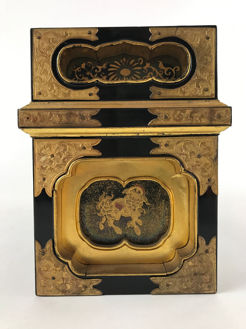 Japanese Buddhist Altar Lacquered Drawer Vtg Gilt Makie Shishi Lion Gold BA132