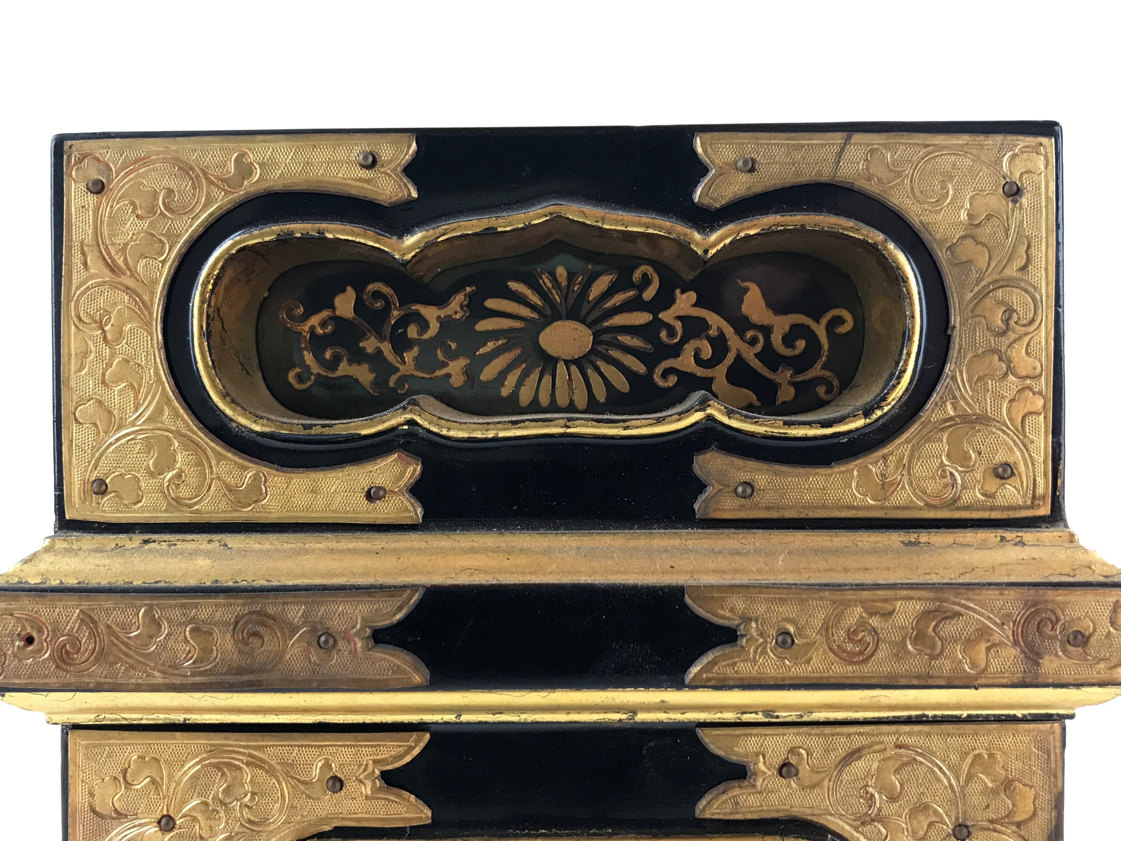 Japanese Buddhist Altar Lacquered Drawer Vtg Gilt Makie Shishi Lion Gold BA132