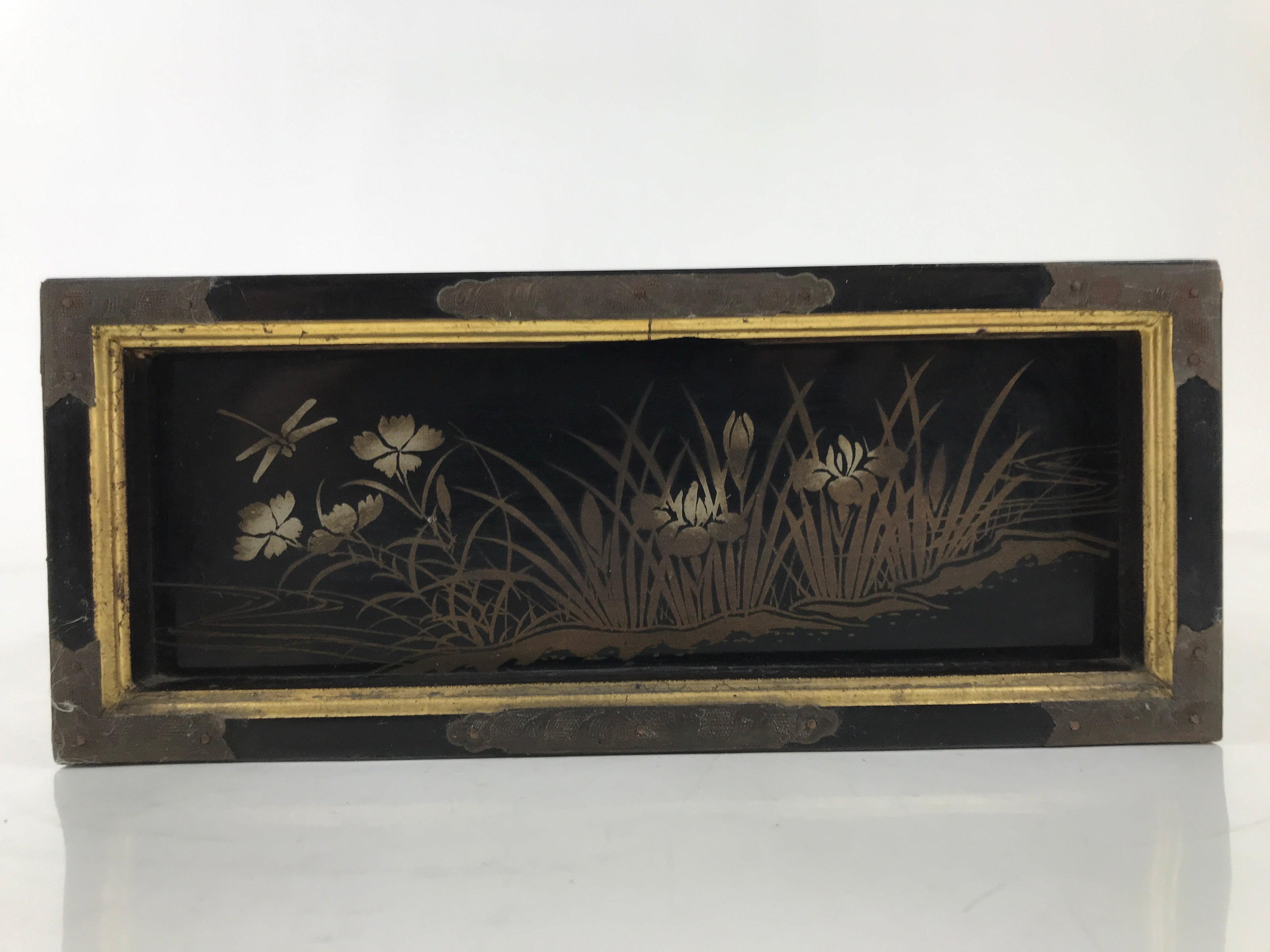 Japanese Buddhist Altar Lacquered Drawer Vtg Gold Makie Iris Carnation BA501