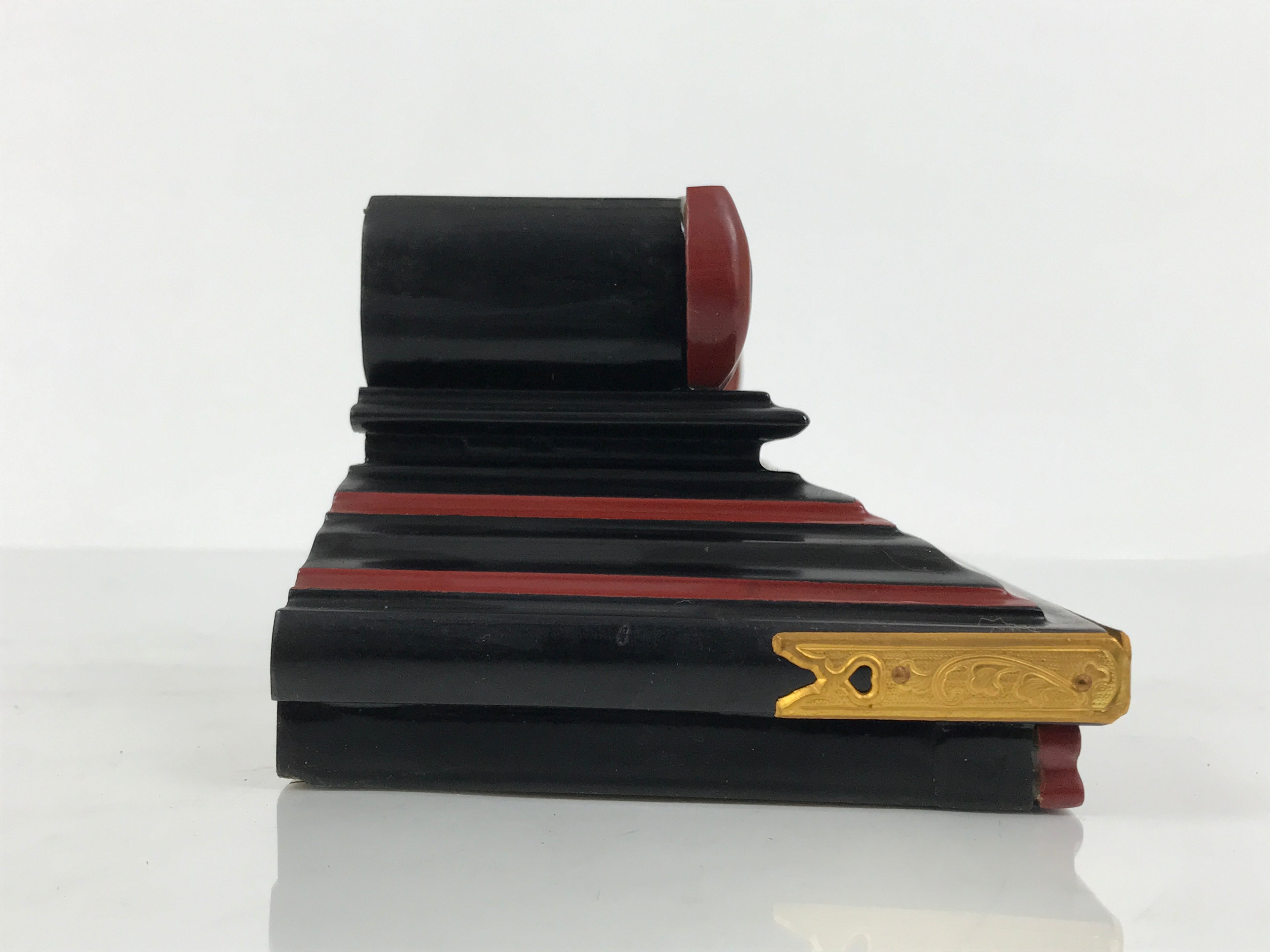 Japanese Buddhist Altar Lacquered Shumidan Part Vtg Carved Black Red Brass BP22