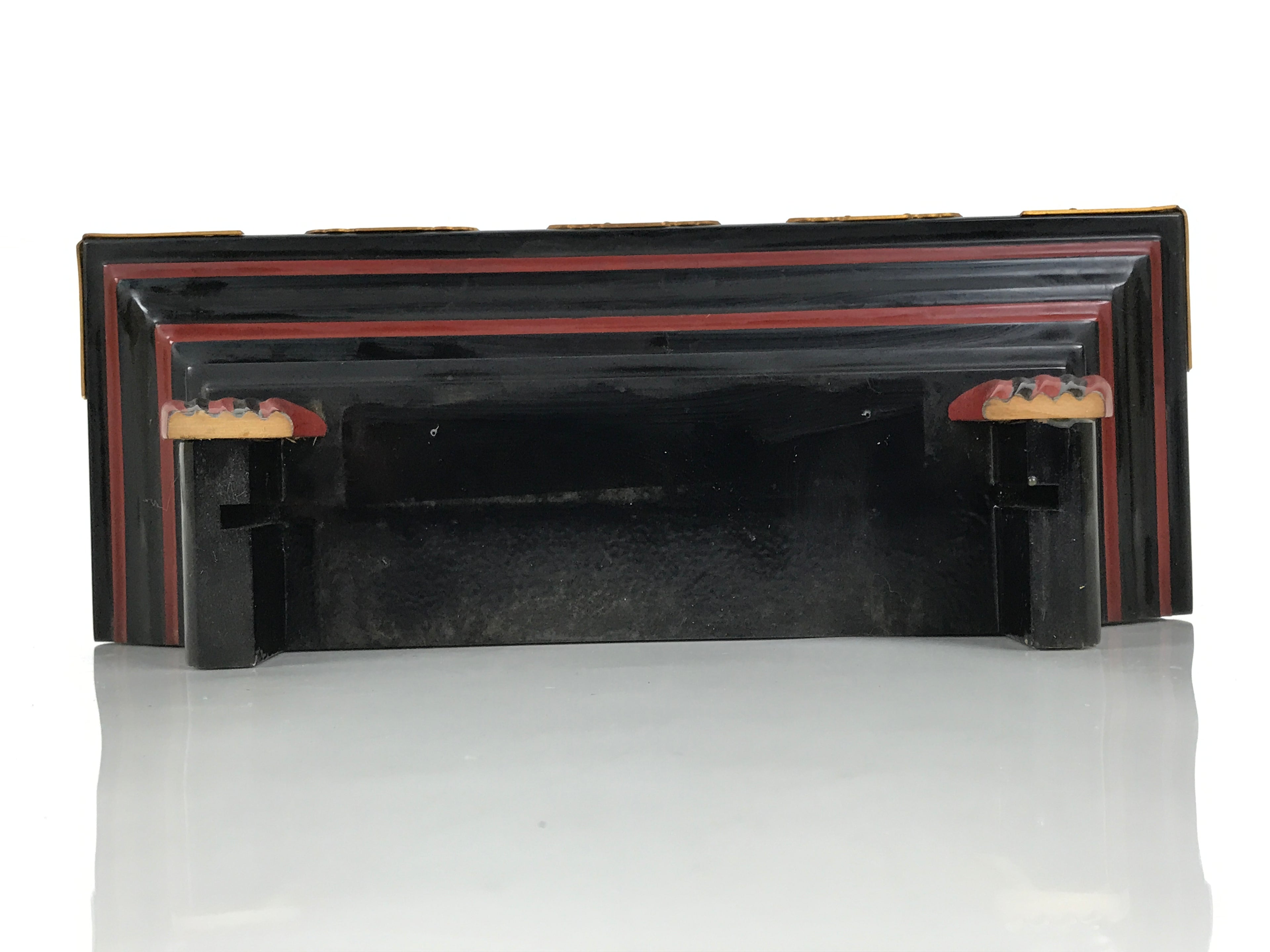 Japanese Buddhist Altar Lacquered Shumidan Part Vtg Carved Black Red Brass BP22