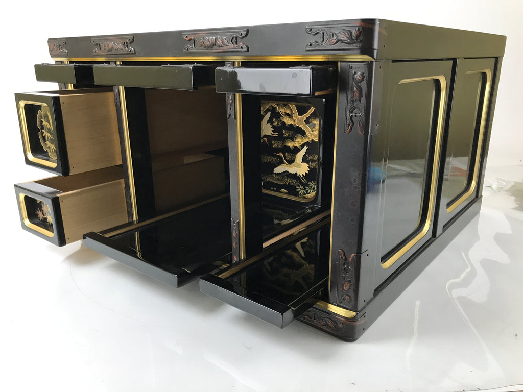 Japanese Buddhist Altar Lacquered Wood Base Piece Black Gold Makie Drawers BA585