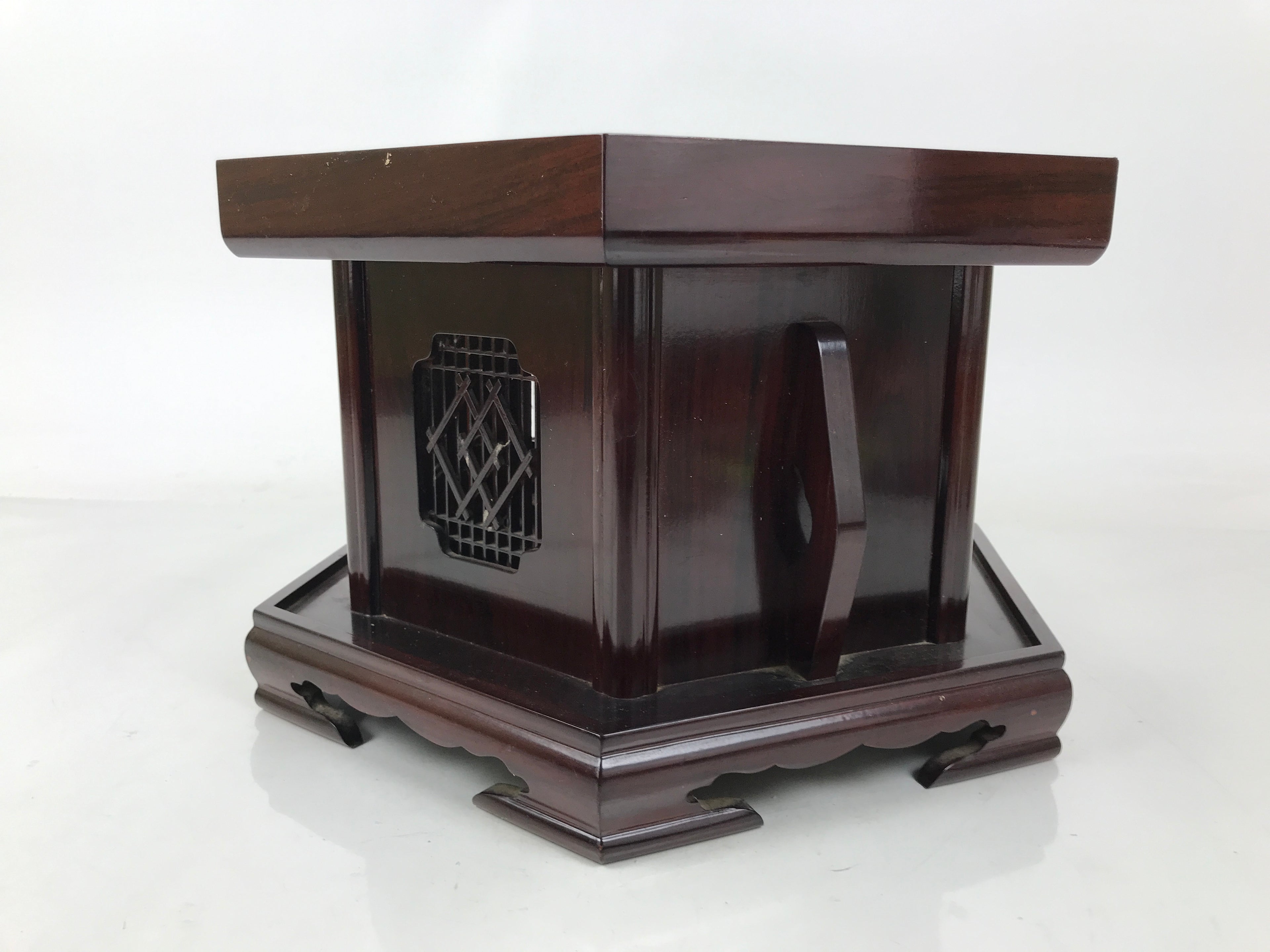 Japanese Buddhist Altar Large Wooden Singing Bell Orin Stand Vtg Hexagonal BA717