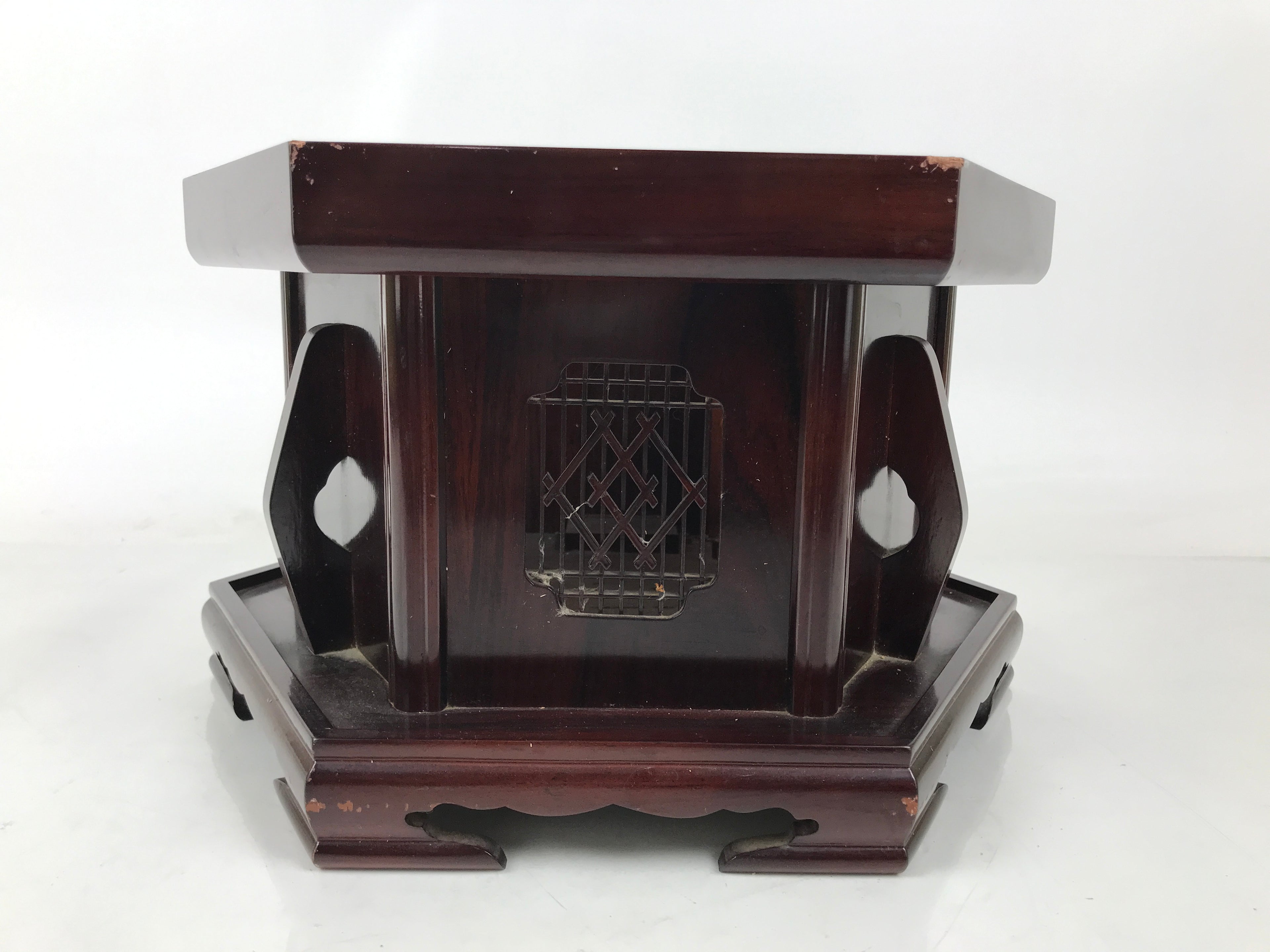 Japanese Buddhist Altar Large Wooden Singing Bell Orin Stand Vtg Hexagonal BA717
