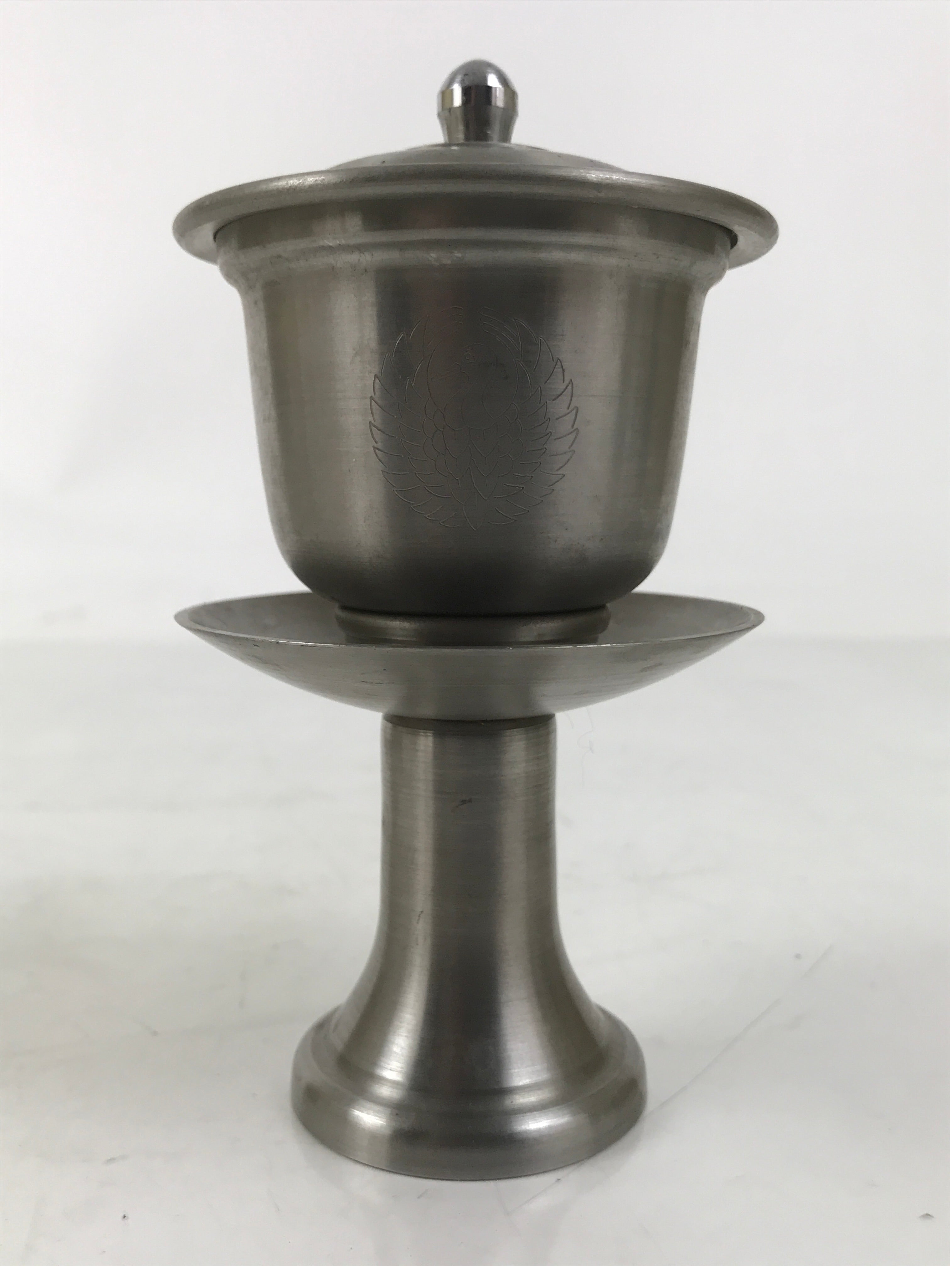 Japanese Buddhist Altar Metal Water Offering Cup Tea Chaki Silver Stand BA639