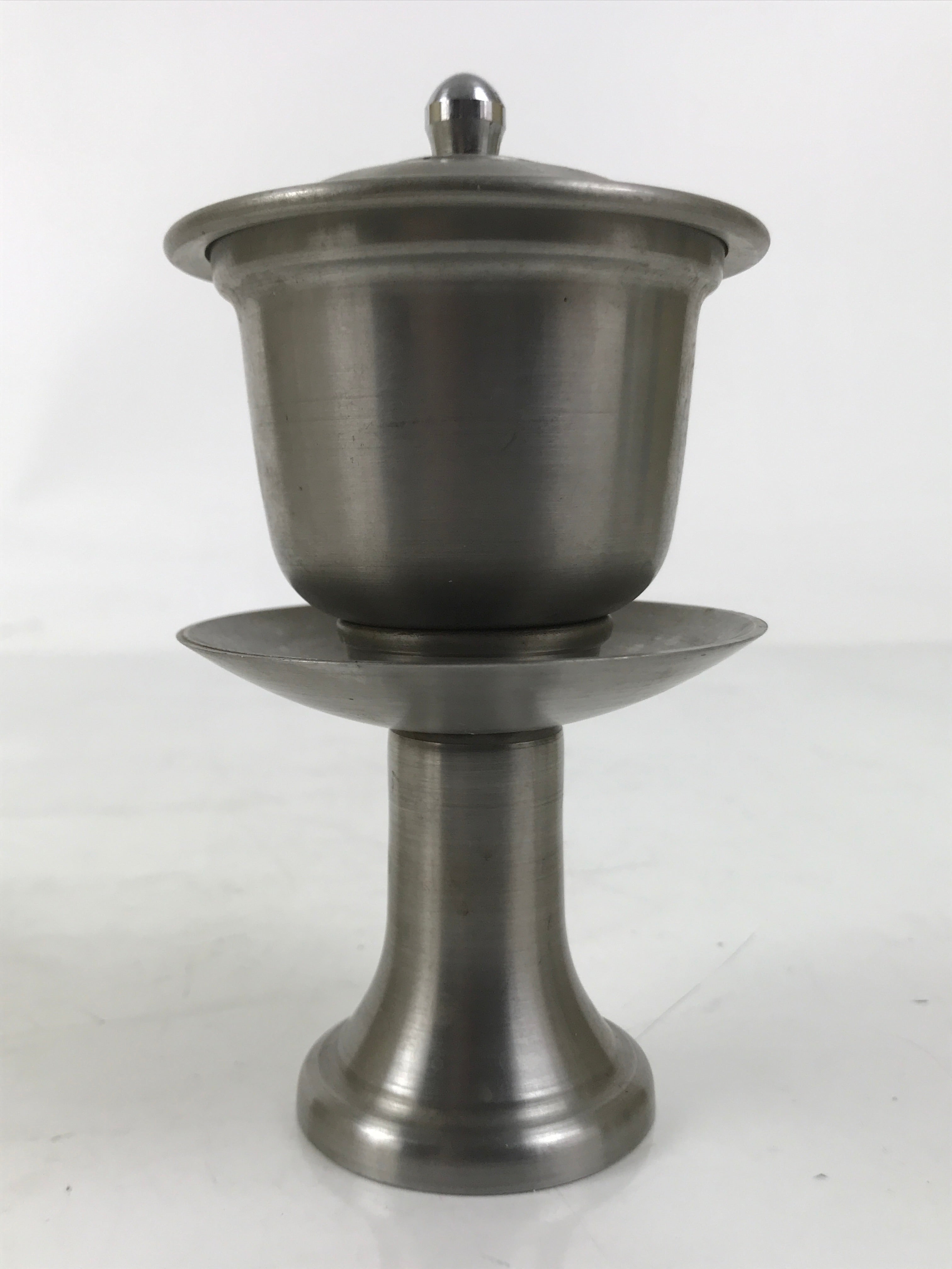 Japanese Buddhist Altar Metal Water Offering Cup Tea Chaki Silver Stand BA639