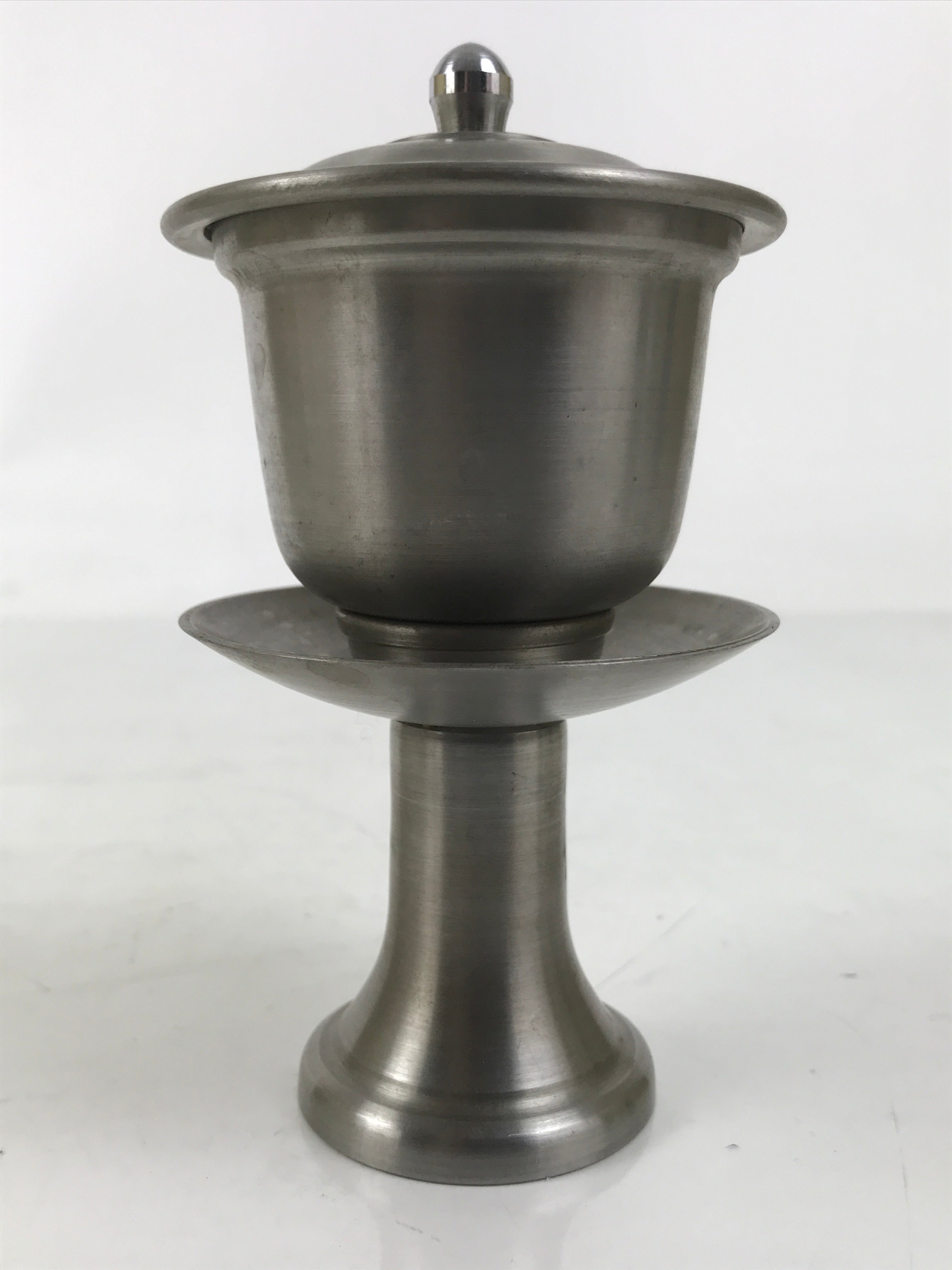 Japanese Buddhist Altar Metal Water Offering Cup Tea Chaki Silver Stand BA639