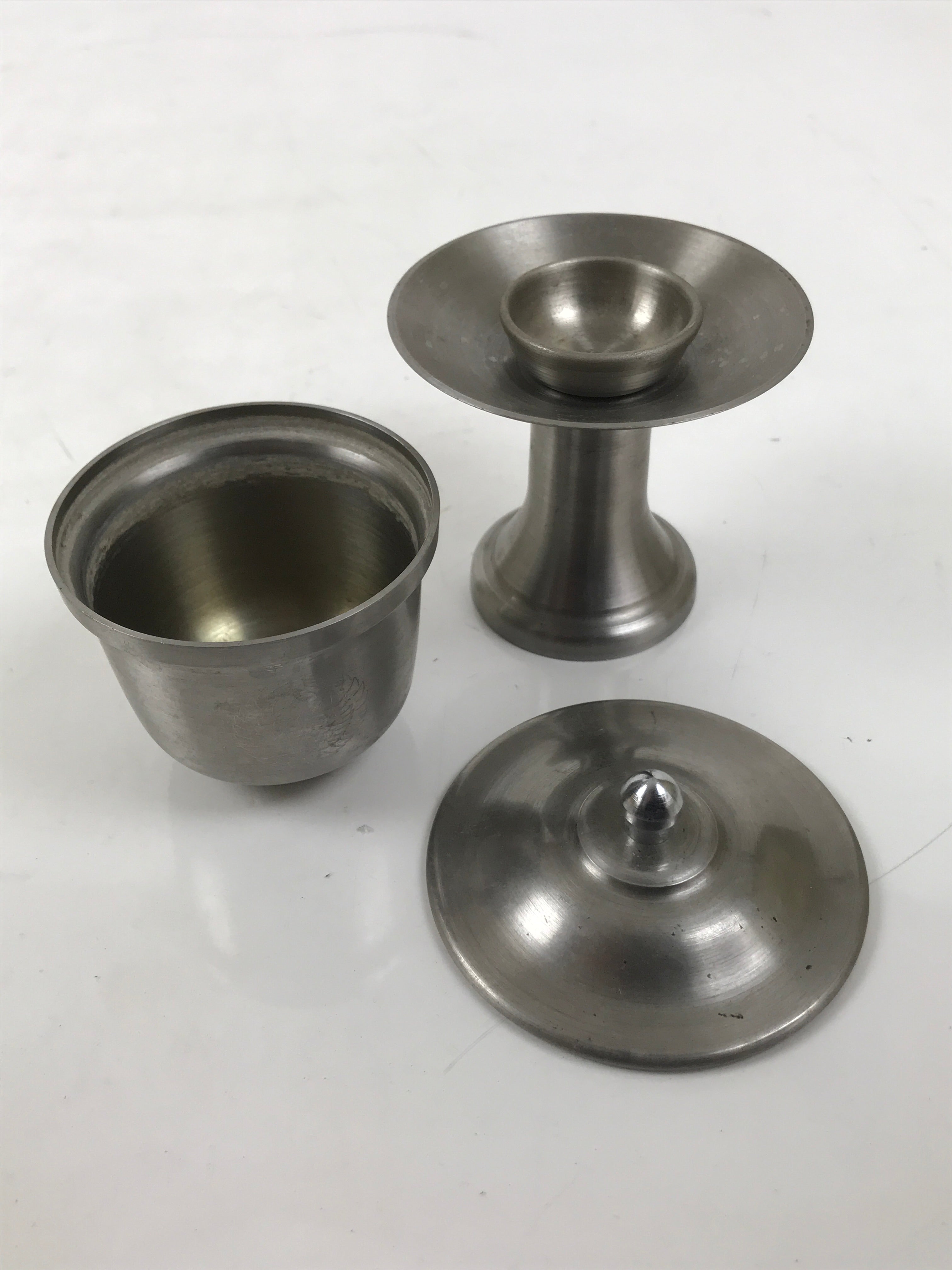 Japanese Buddhist Altar Metal Water Offering Cup Tea Chaki Silver Stand BA639