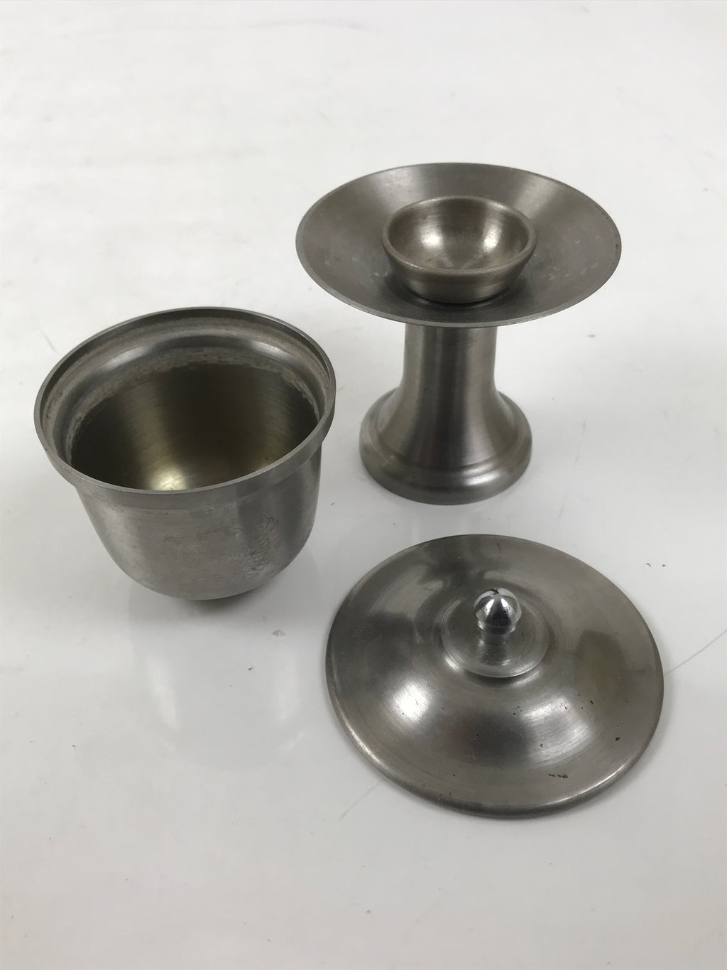 Japanese Buddhist Altar Metal Water Offering Cup Tea Chaki Silver Stand BA639