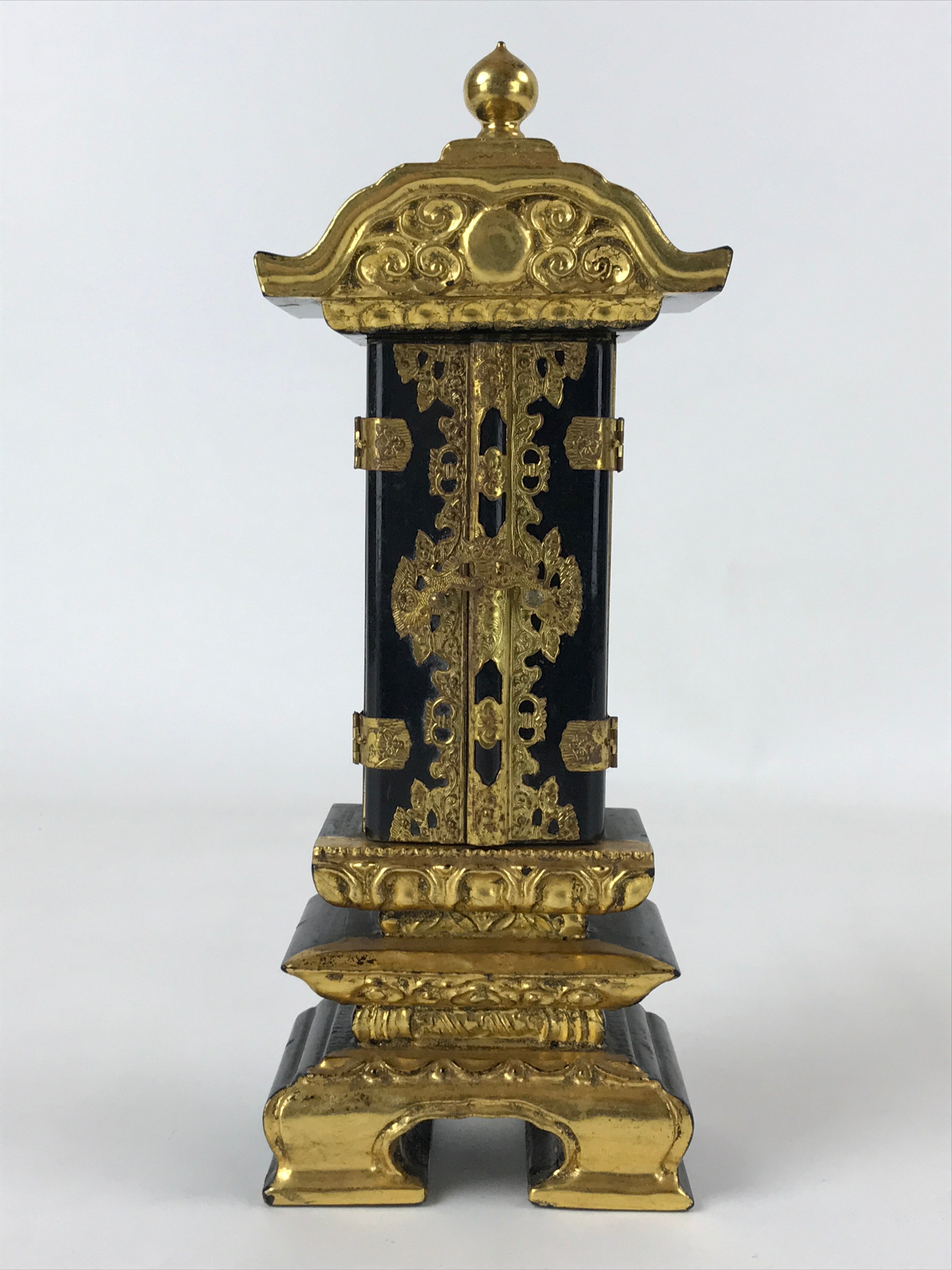 Japanese Buddhist Altar Mortuary Tablet Vtg Gold Black Wood Lacquer Ihai BA187