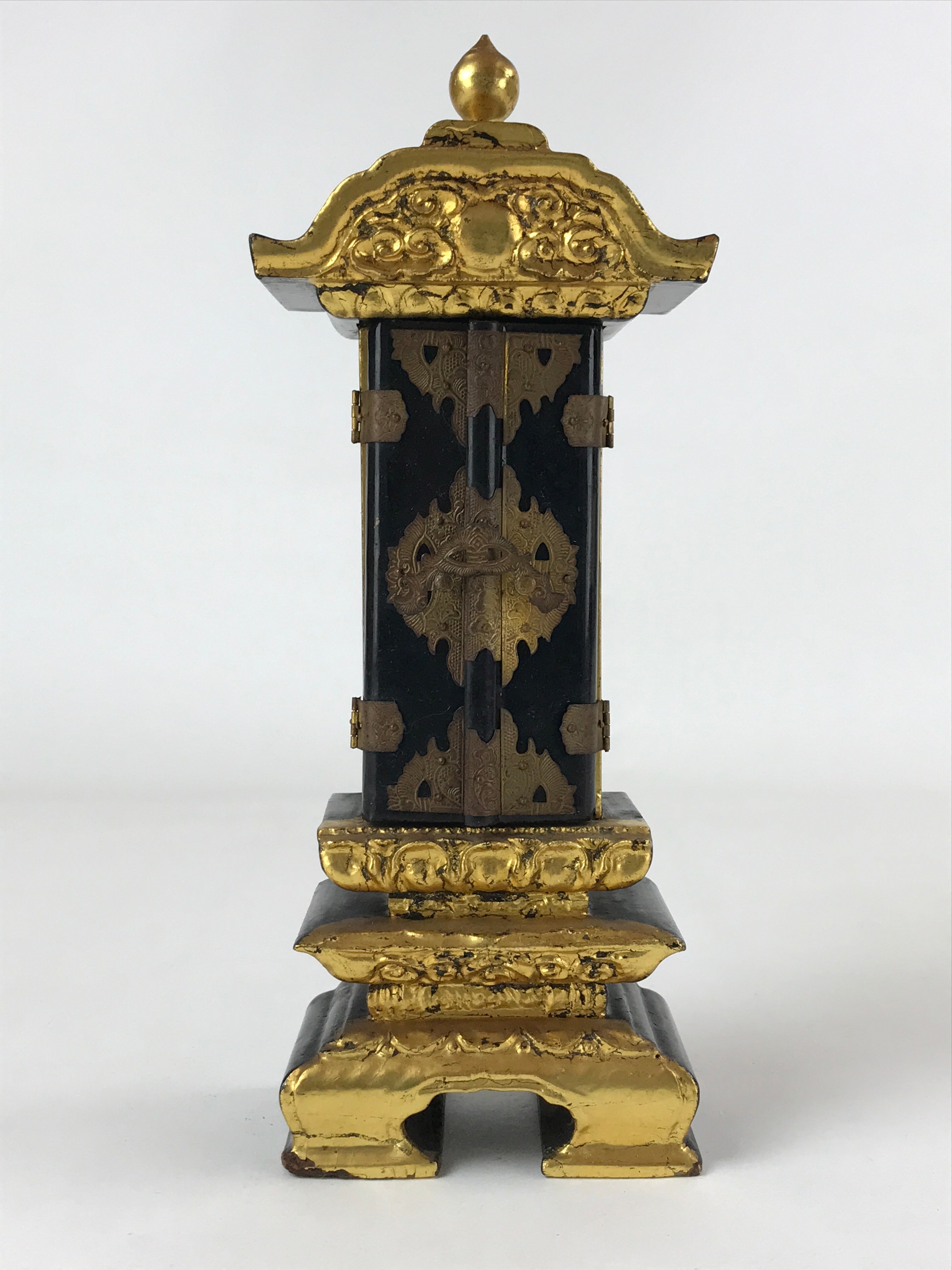 Japanese Buddhist Altar Mortuary Tablet Vtg Gold Black Wood Lacquer Ihai BA205