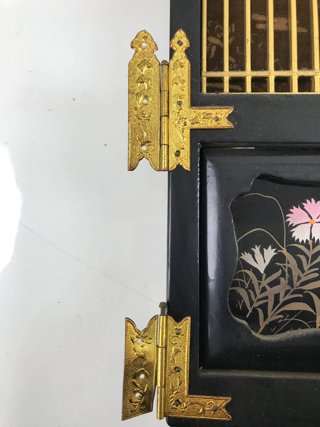 Japanese Buddhist Altar Part Inner Door Lacquer Panel Vtg Makie Black Gold BA436