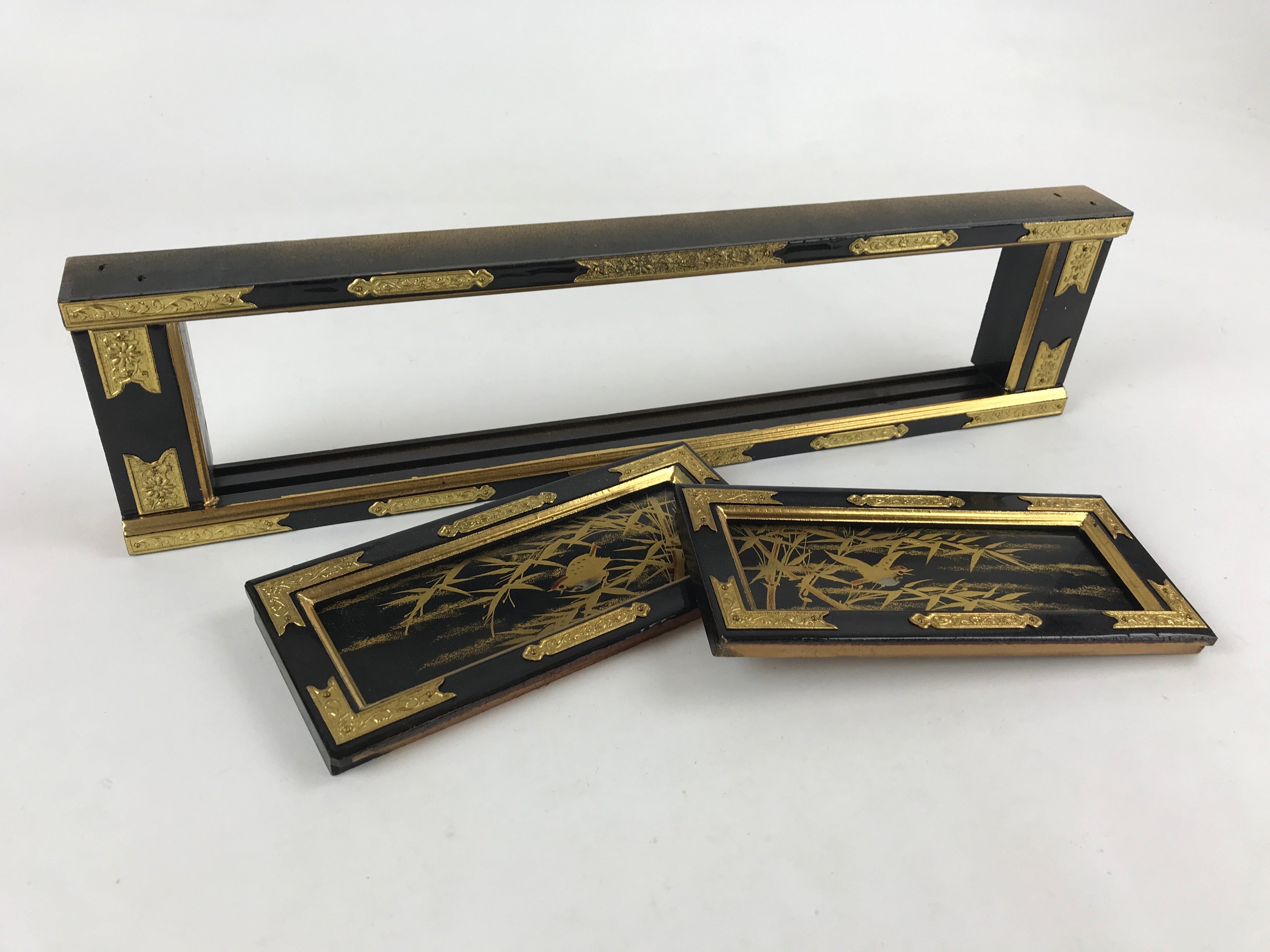 Japanese Buddhist Altar Part Sliding Doors Vtg Bird Gold Gilt Lacquer Gold BA7