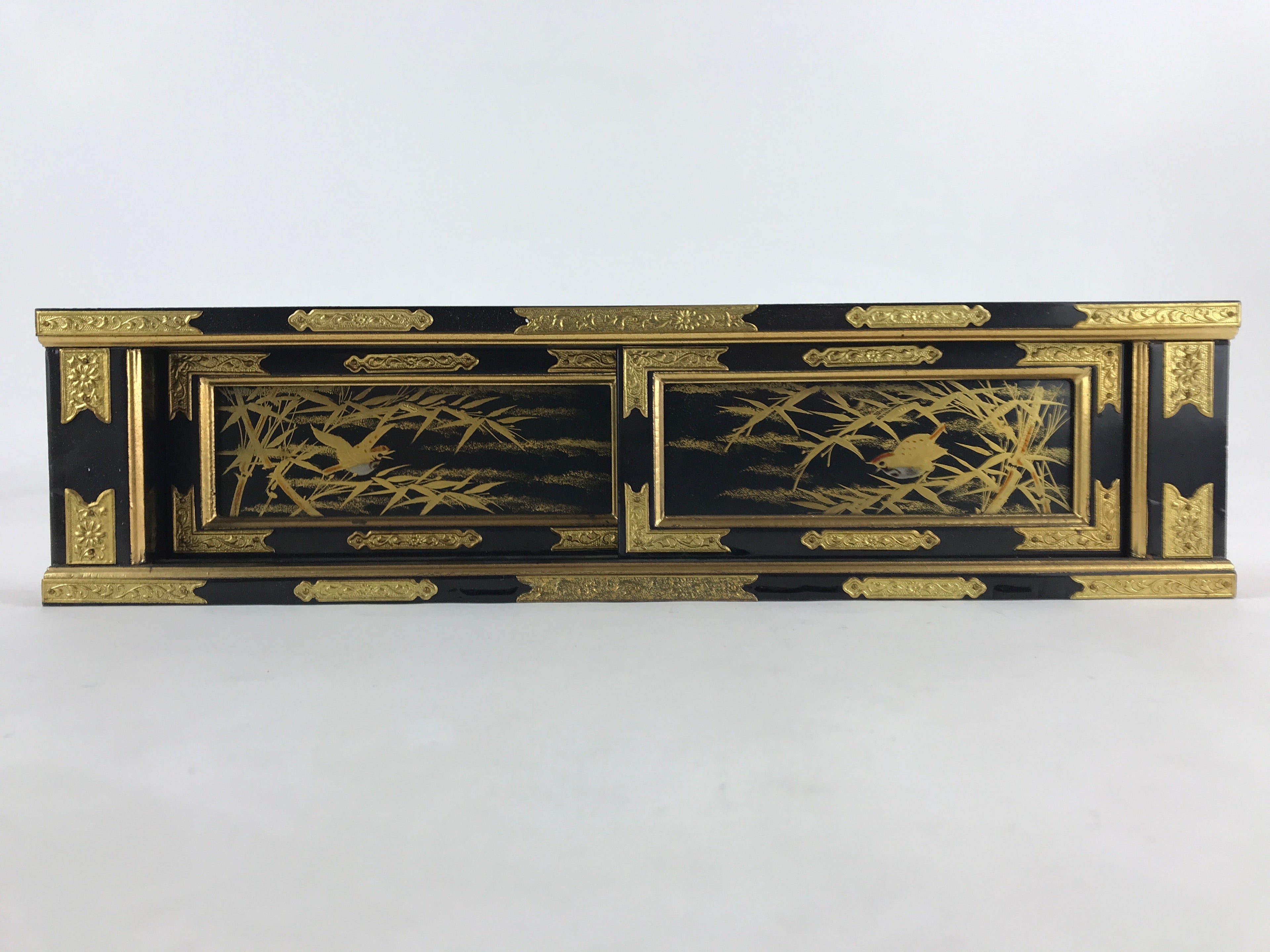Japanese Buddhist Altar Part Sliding Doors Vtg Bird Gold Gilt Lacquer Gold BA7