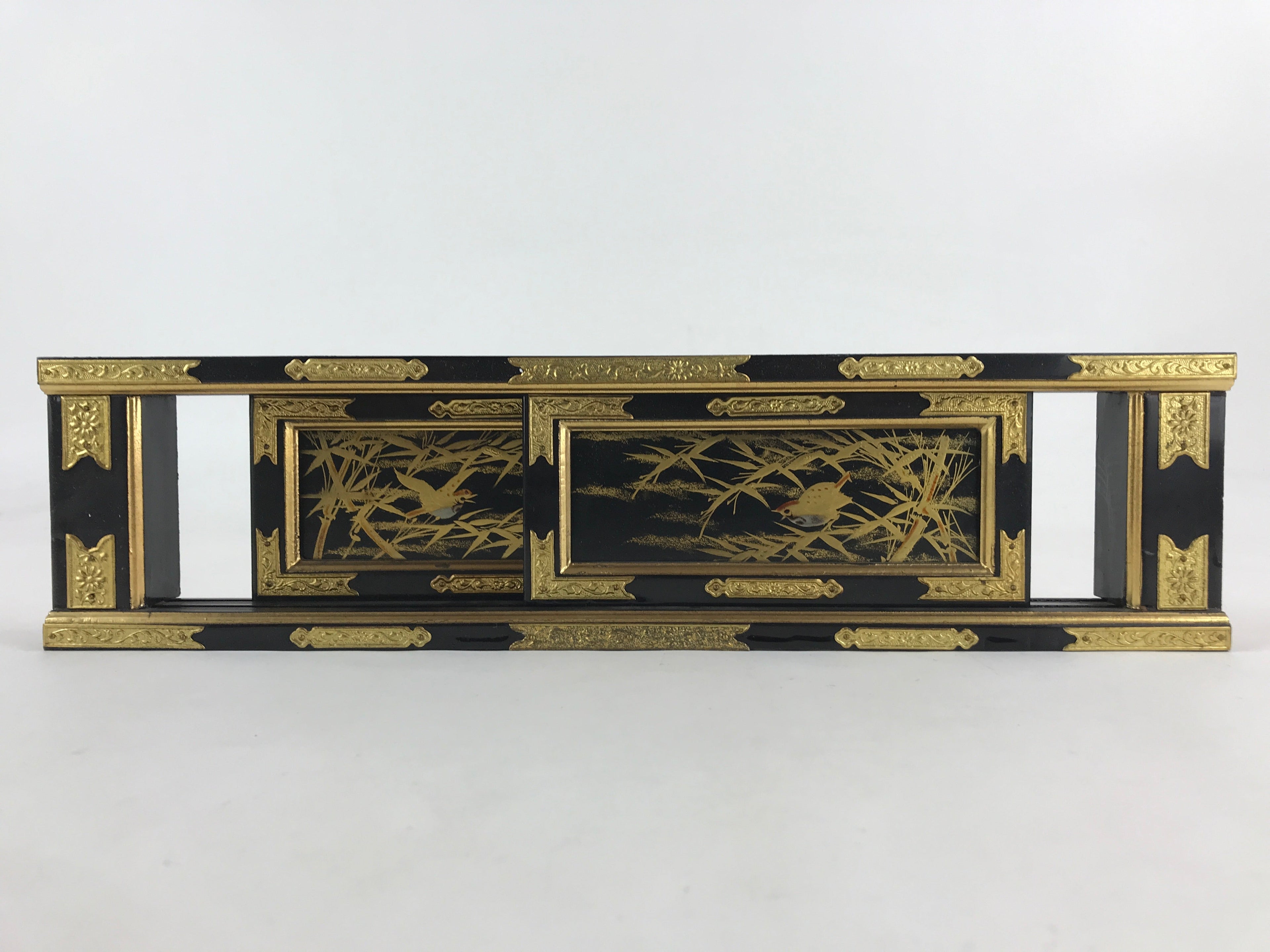 Japanese Buddhist Altar Part Sliding Doors Vtg Bird Gold Gilt Lacquer Gold BA7