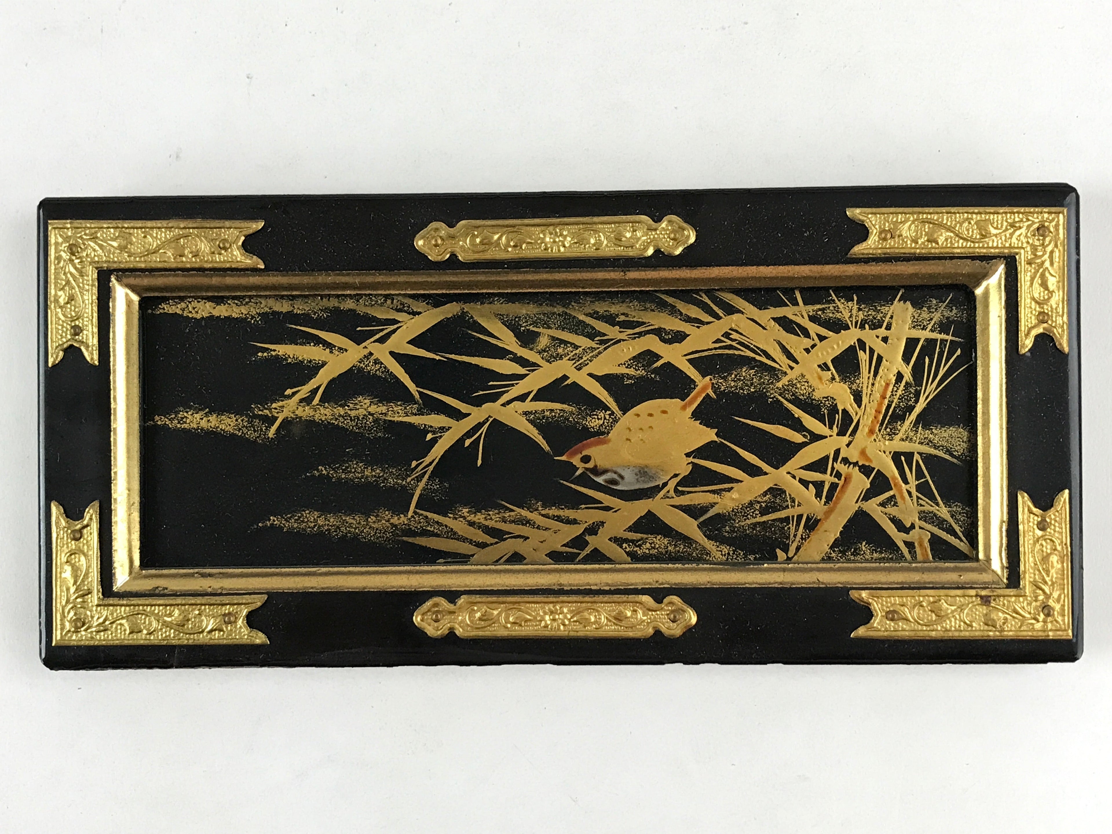 Japanese Buddhist Altar Part Sliding Doors Vtg Bird Gold Gilt Lacquer Gold BA7