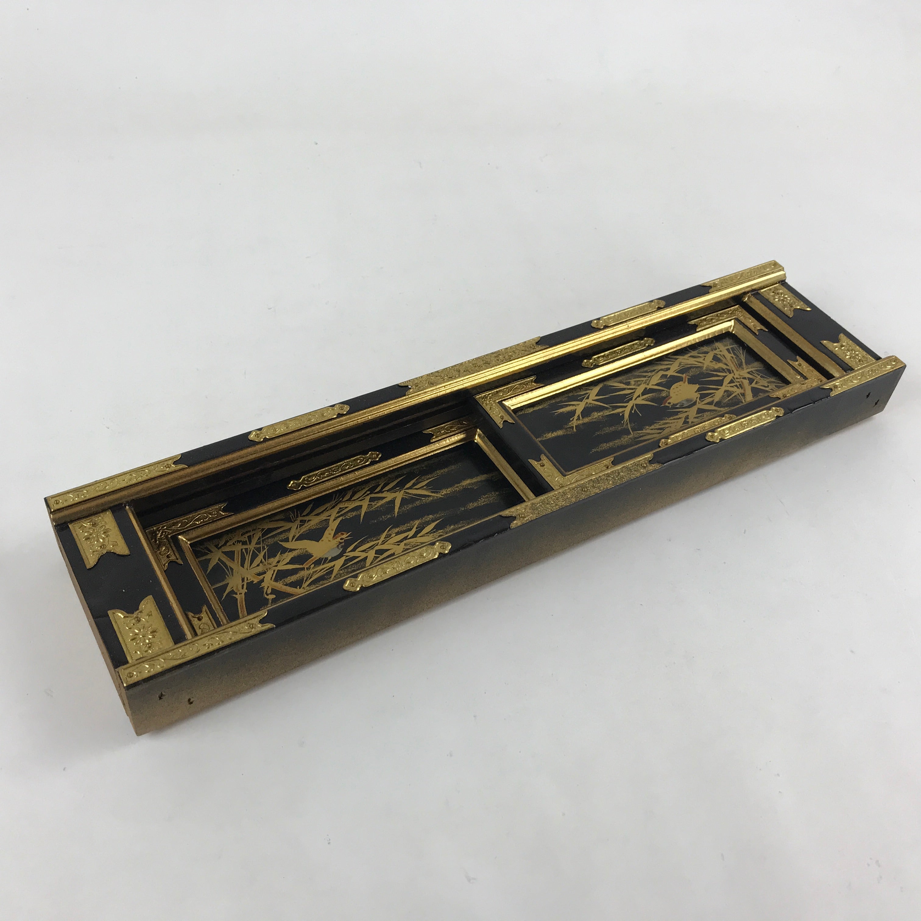 Japanese Buddhist Altar Part Sliding Doors Vtg Bird Gold Gilt Lacquer Gold BA7