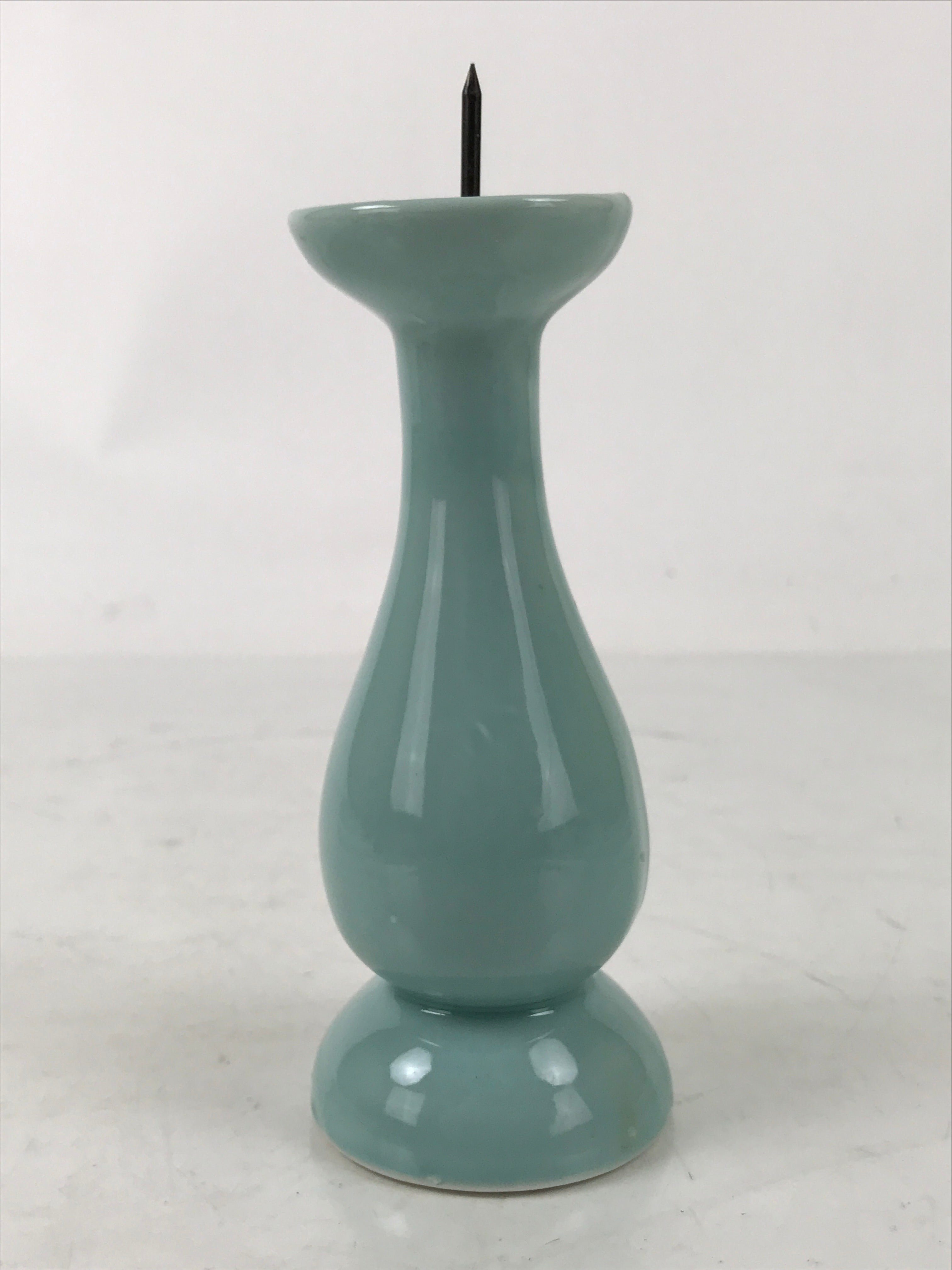 Japanese Buddhist Altar Porcelain Candle Stand Vtg Shokudai Celadon Blue BA534