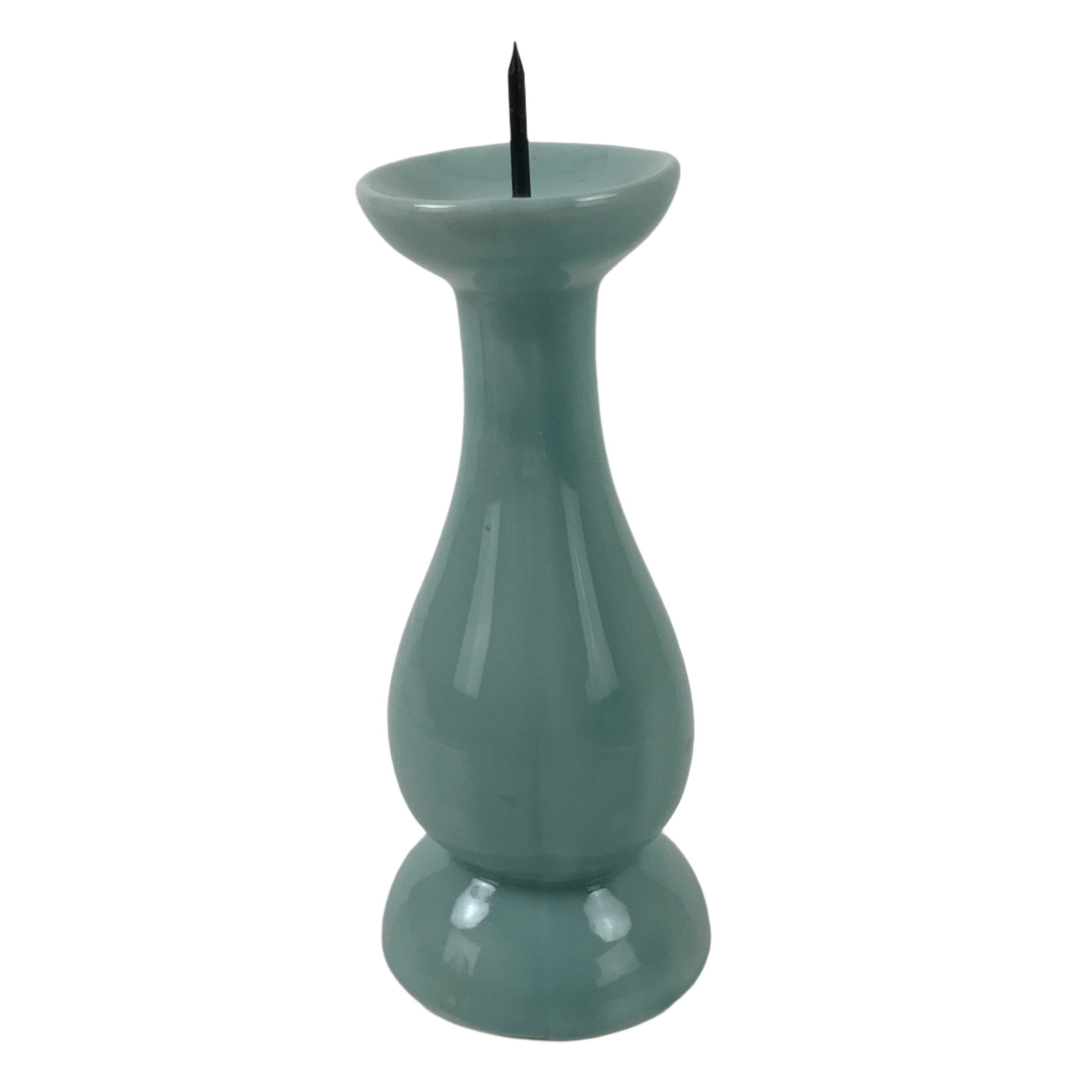 Japanese Buddhist Altar Porcelain Candle Stand Vtg Shokudai Celadon Blue BA534