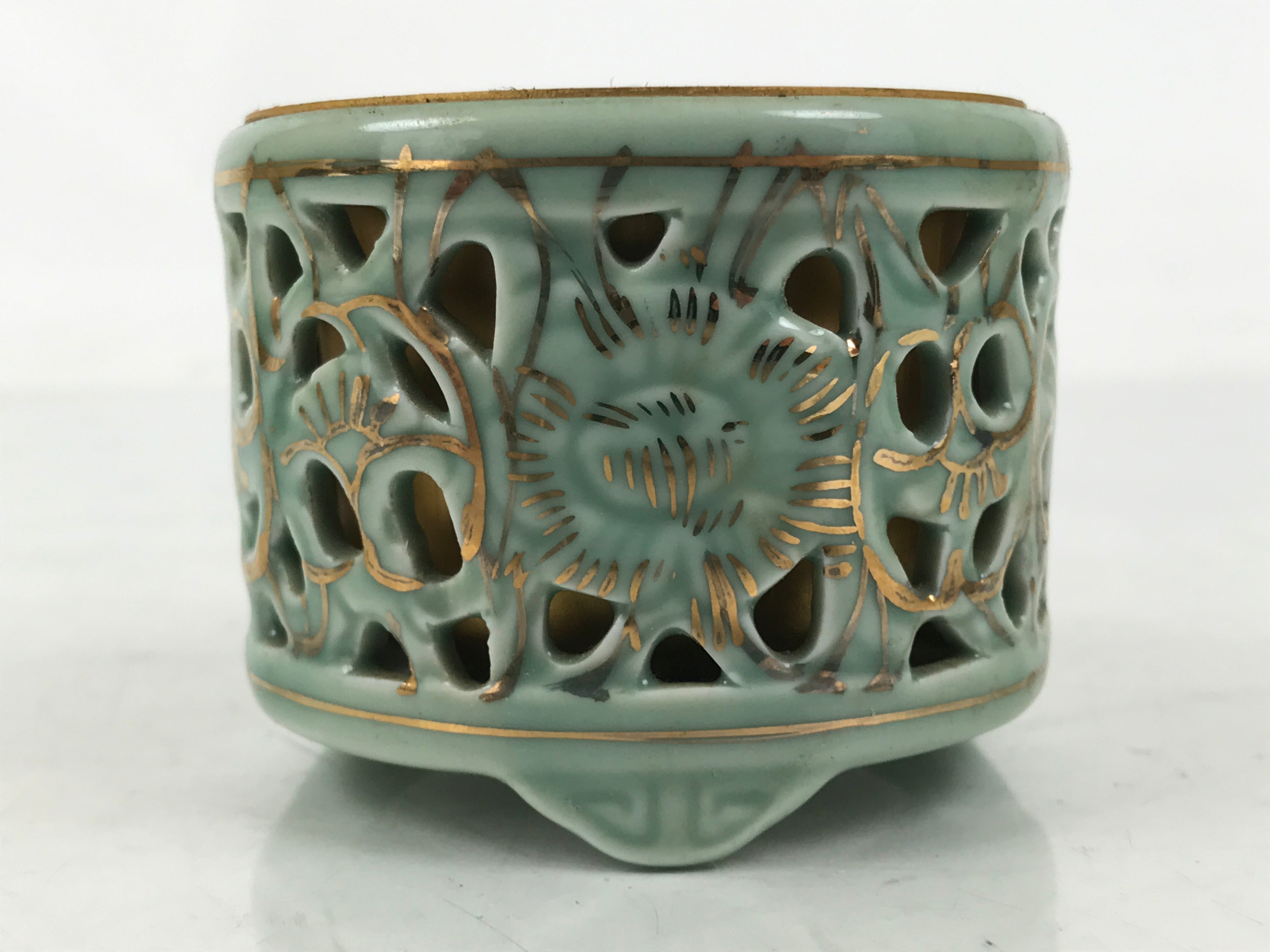 Japanese Buddhist Altar Porcelain Incense Burner Koro Vtg Celadon Blue BA666