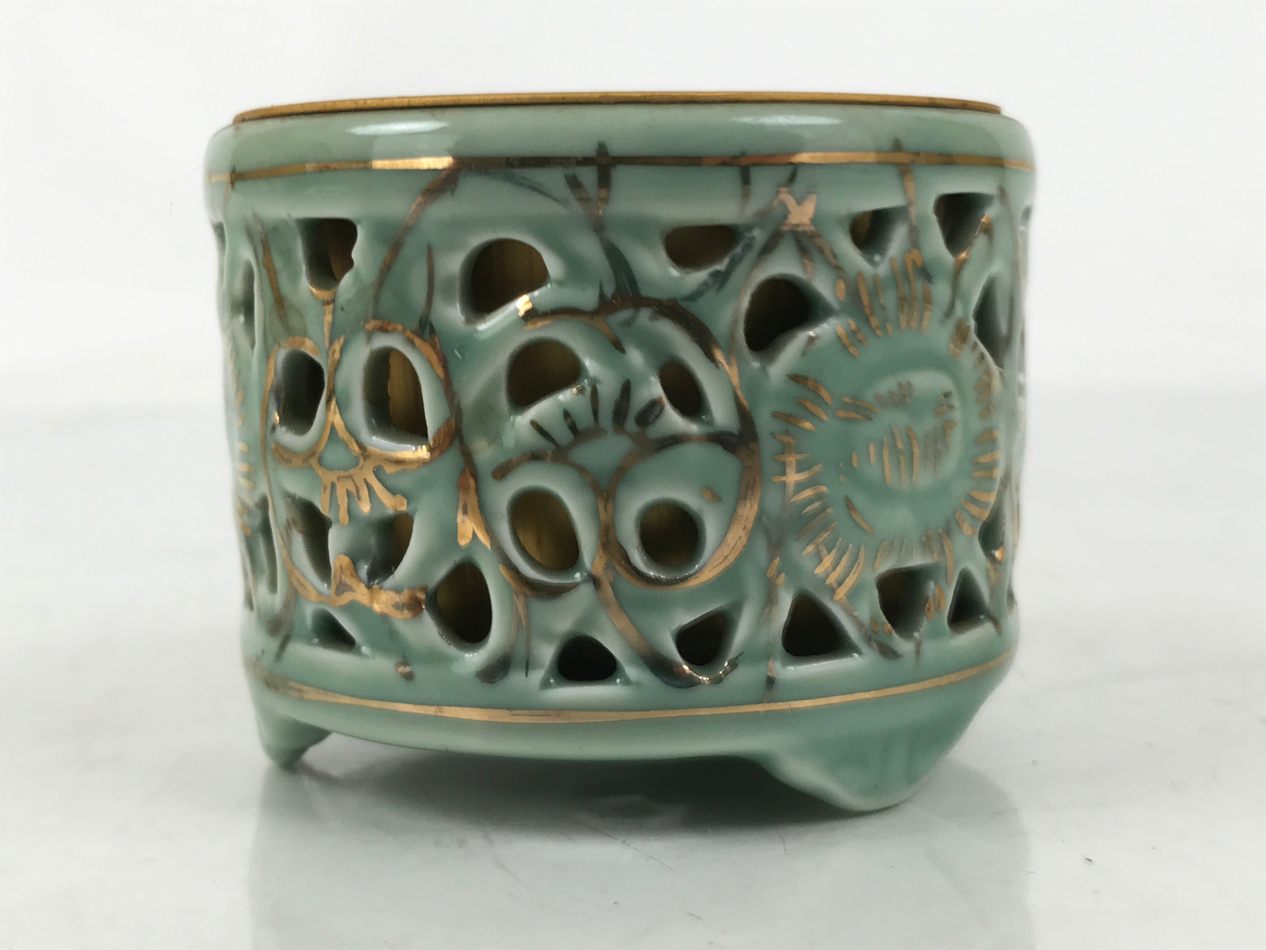 Japanese Buddhist Altar Porcelain Incense Burner Koro Vtg Celadon Blue BA666