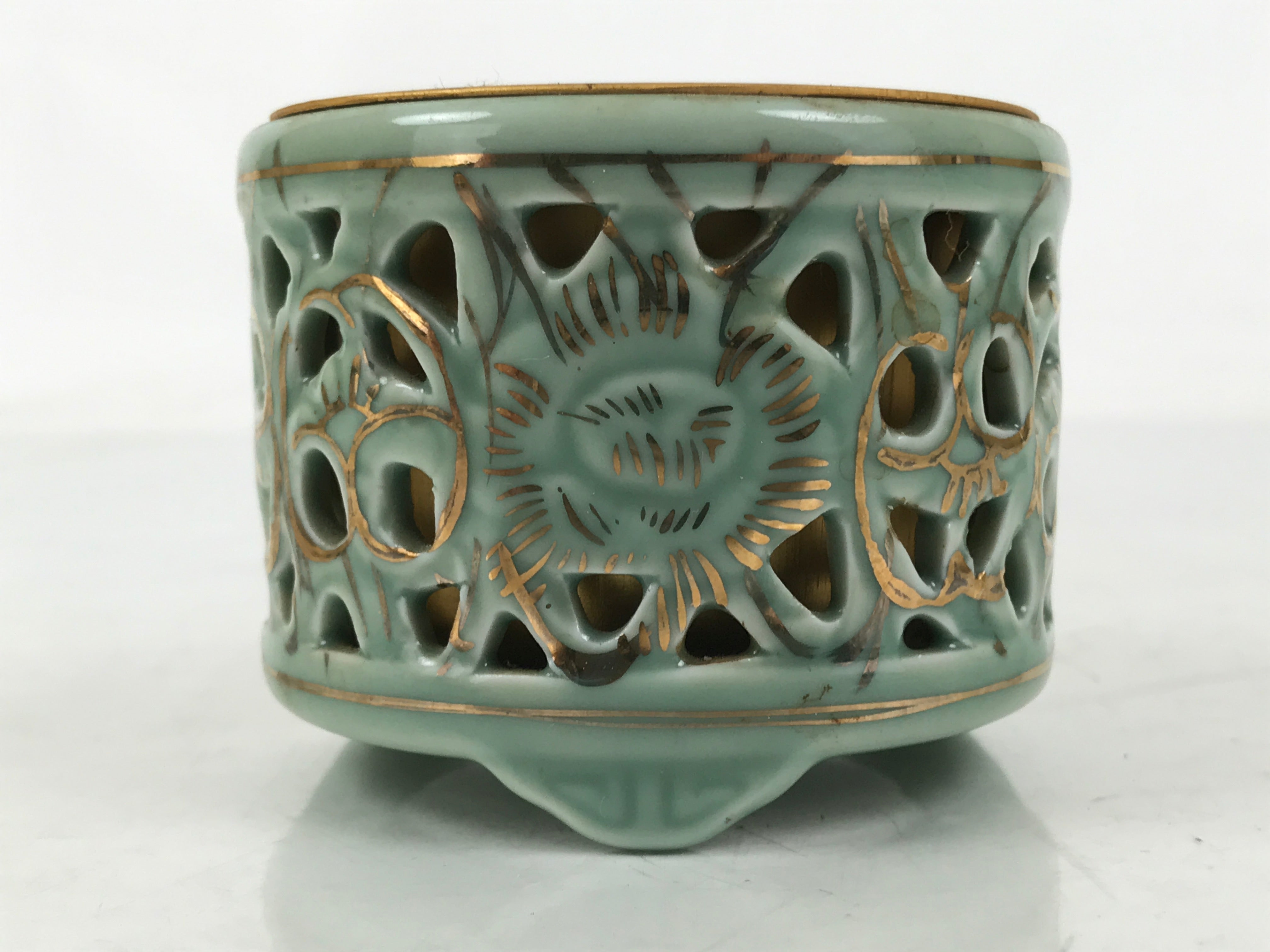 Japanese Buddhist Altar Porcelain Incense Burner Koro Vtg Celadon Blue BA666