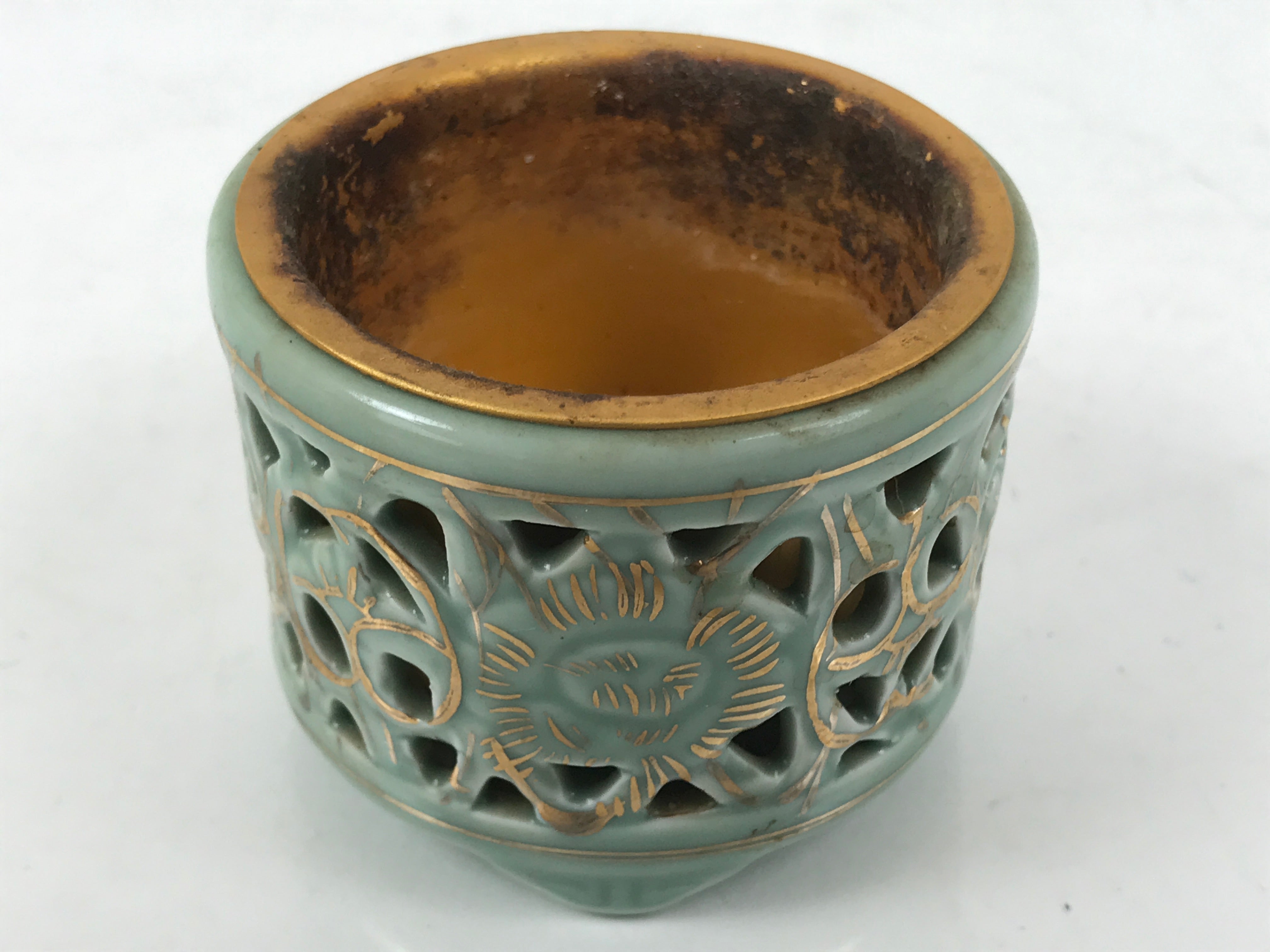 Japanese Buddhist Altar Porcelain Incense Burner Koro Vtg Celadon Blue BA666