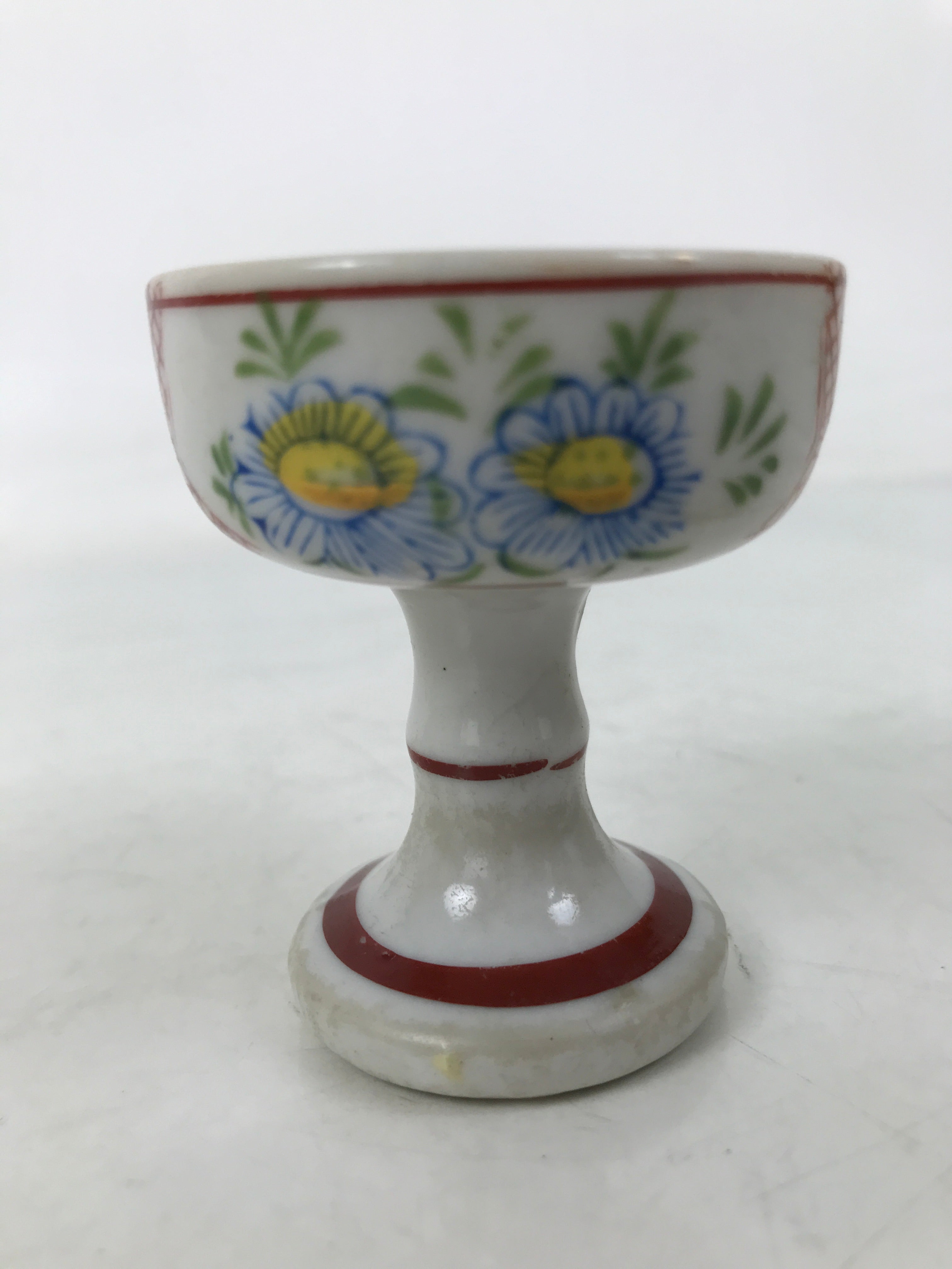 Japanese Buddhist Altar Porcelain Rice Offering Cup Vtg Blue Chrysanthemum BA720